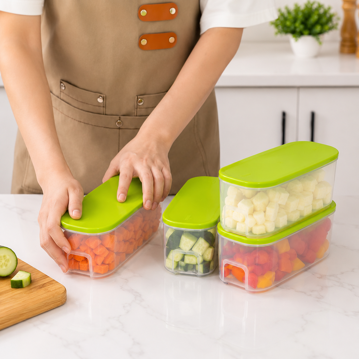 Food storage containers with green lids holding chopped vegetables for kitchen meal prep and refrigerator organization
