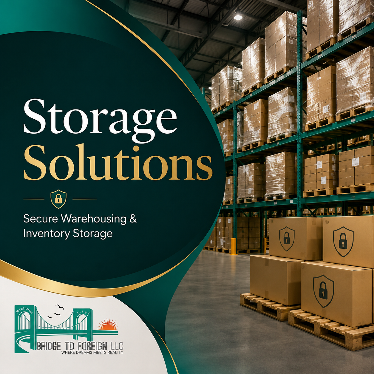 Sign for storage solutions advertising secure warehousing and inventory storage, with warehouse shelves and pallets of boxes in the background.