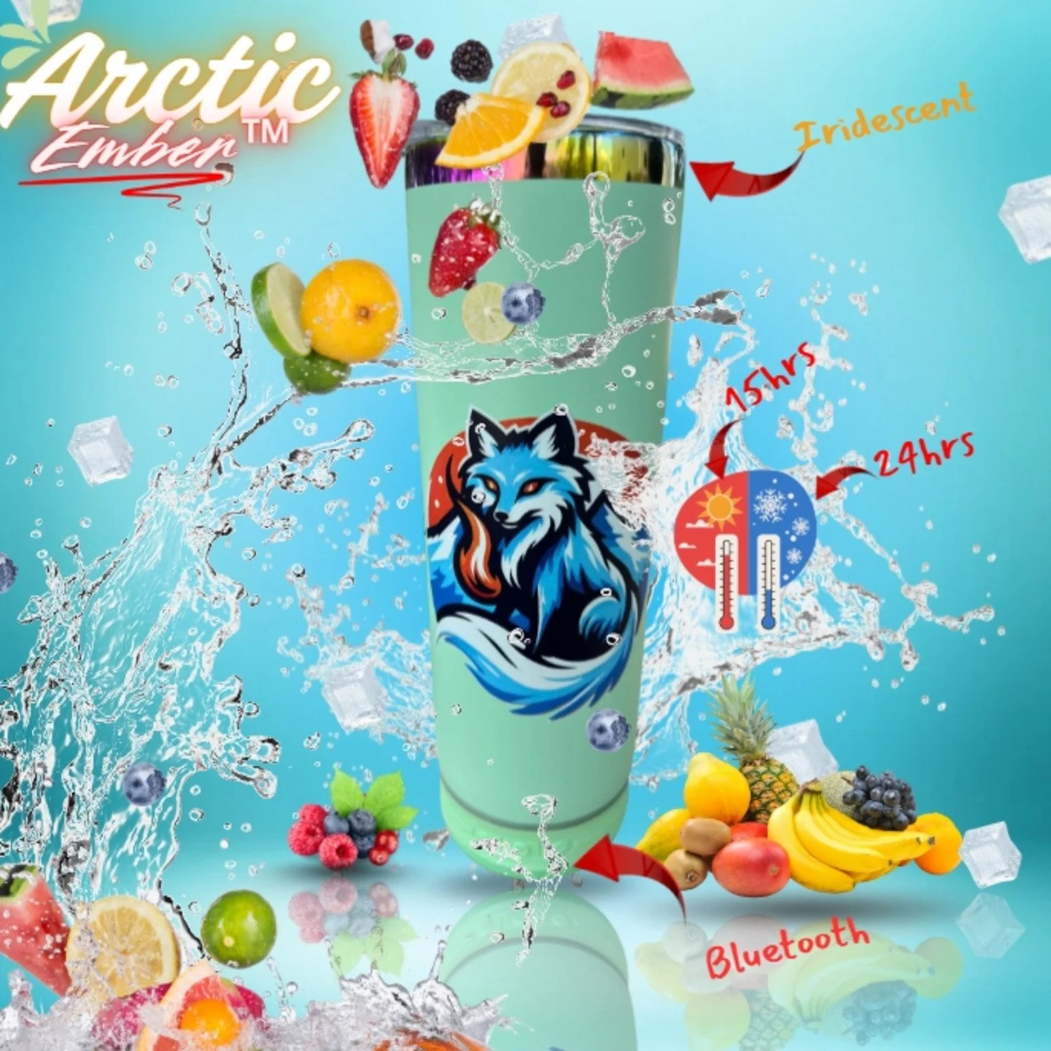 Mint green Bluetooth speaker tumbler with straw lid, fruit splash design, cold drink graphics, and 24 hour drink feature icons
