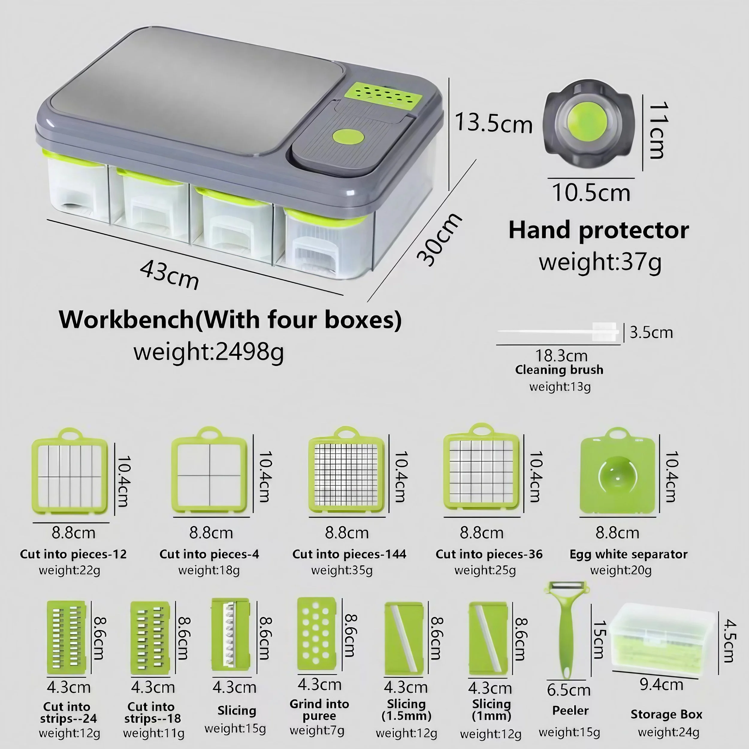 Mandoline food chopper set with storage containers, blade attachments, hand protector, slicer parts, and product measurements