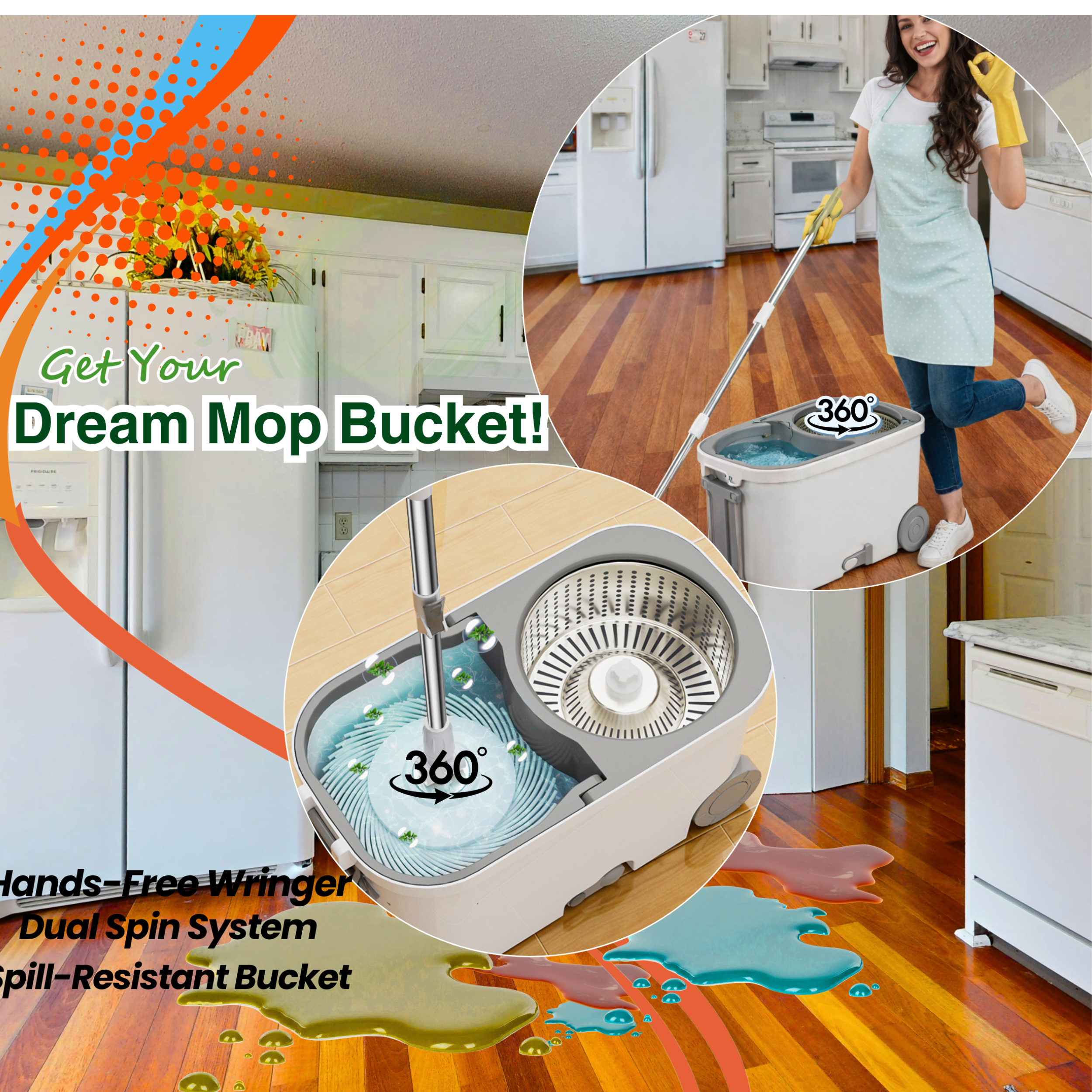 A woman kneeling on a wooden floor, wearing yellow gloves and a light blue apron, mopping a hardwood floor with a spin mop system described as hands-free, dual spin, spill-resistant bucket, and dual bucket system. The background shows a kitchen with white cabinets, a refrigerator, and a stove.