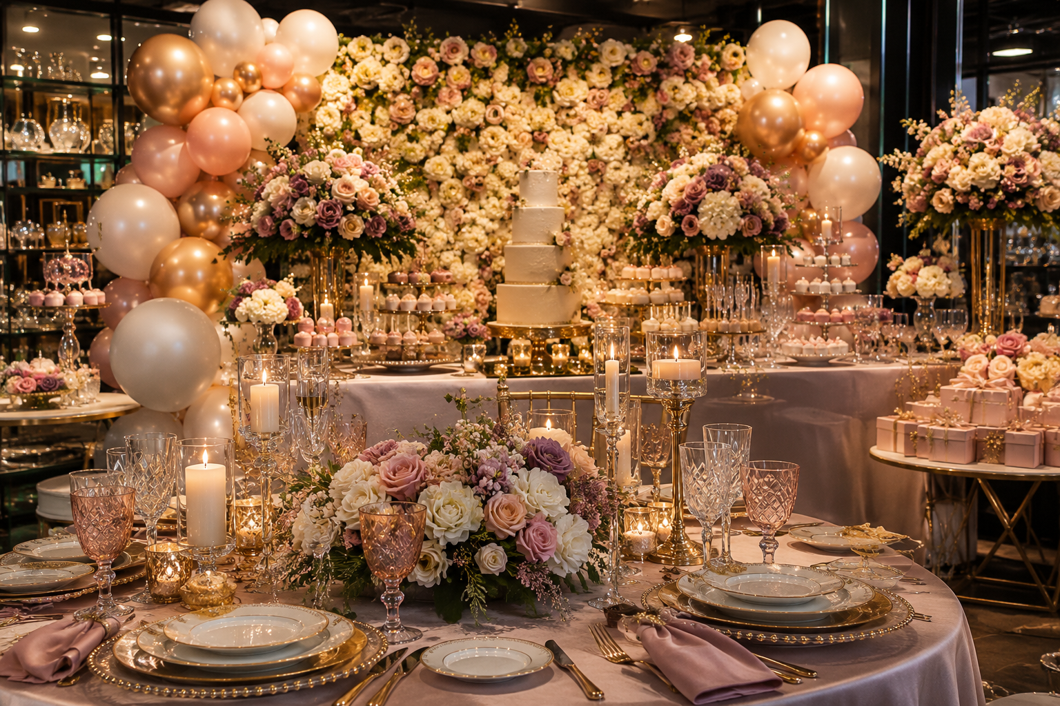 A lavish wedding or celebration table decorated with pink, white, and gold accents, including floral arrangements, candles, balloons, and a multi-tiered cake in the background.
