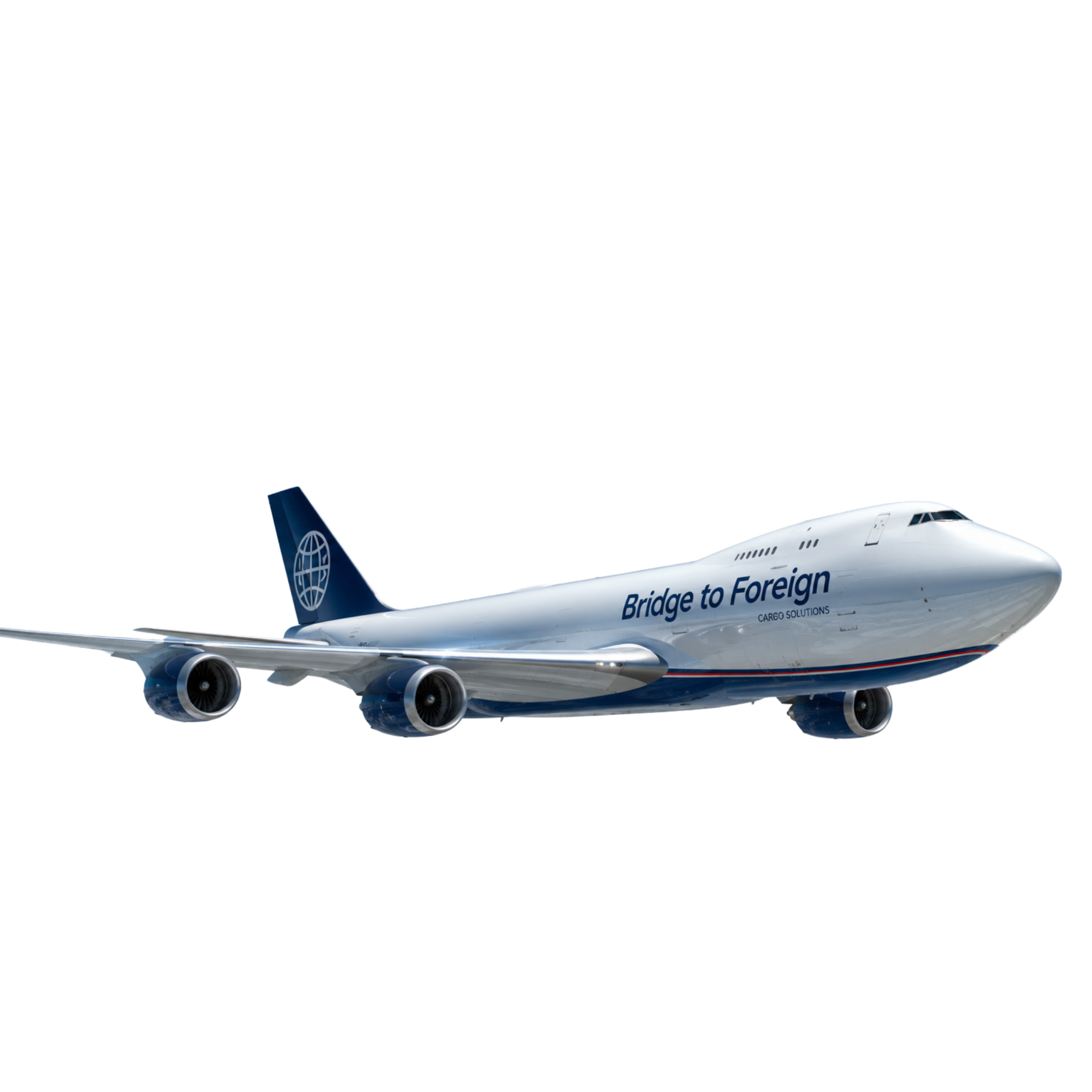 A commercial airplane with the phrase "Bridge to Foreign" written on its side, flying against a plain background.