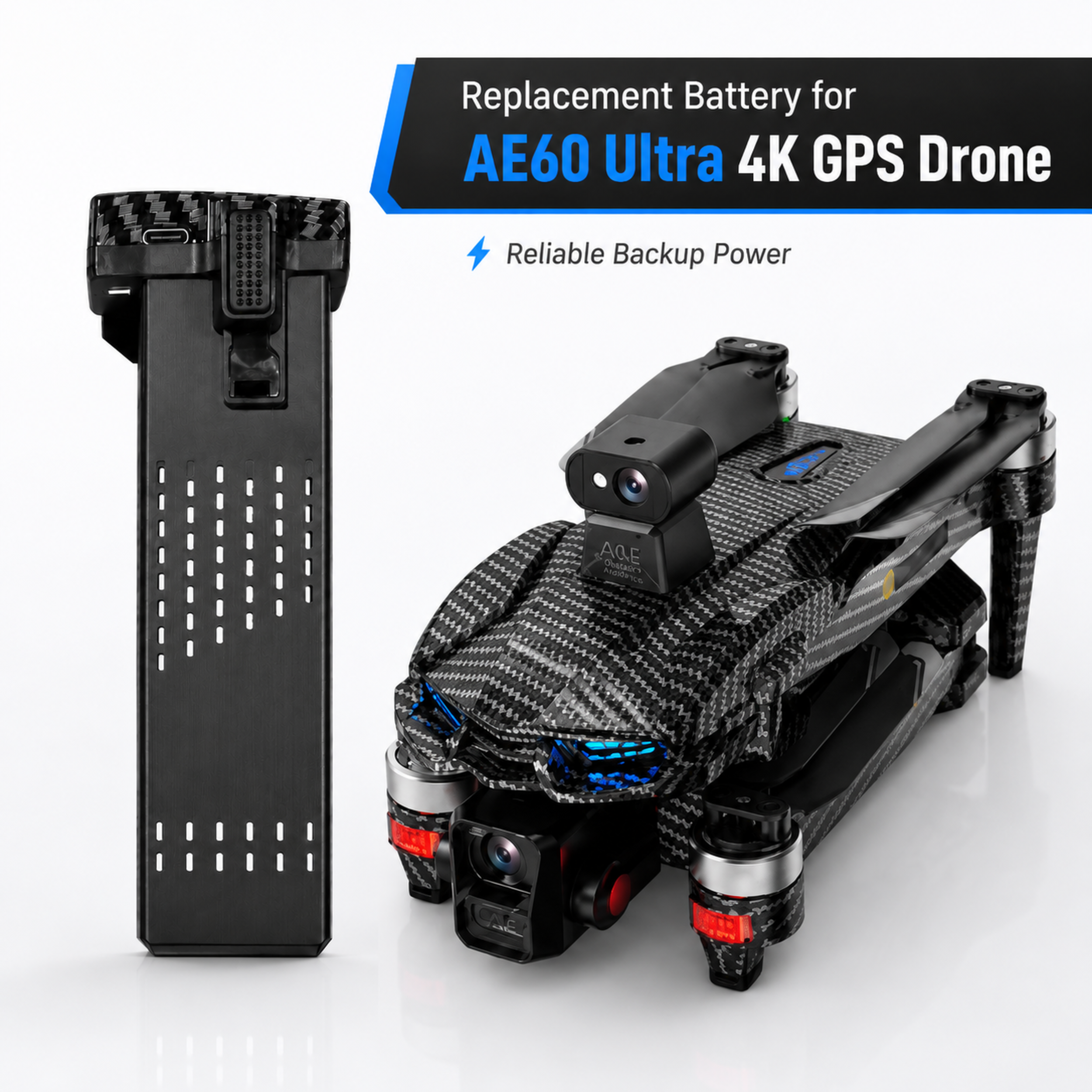 AE60 replacement battery shown with carbon fiber AE60 Ultra 4K GPS drone
