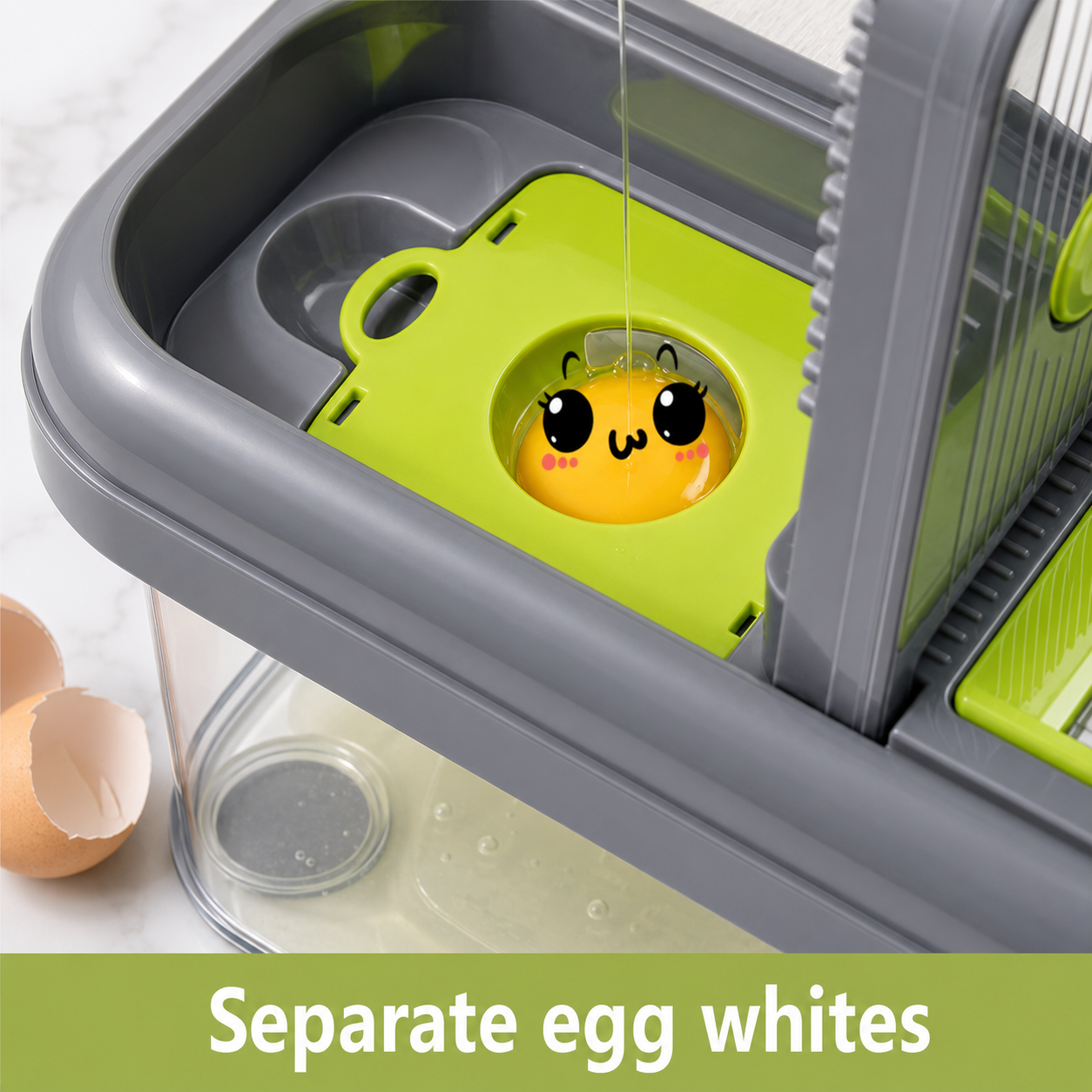 Egg separator attachment separating egg whites inside a mandoline food chopper container