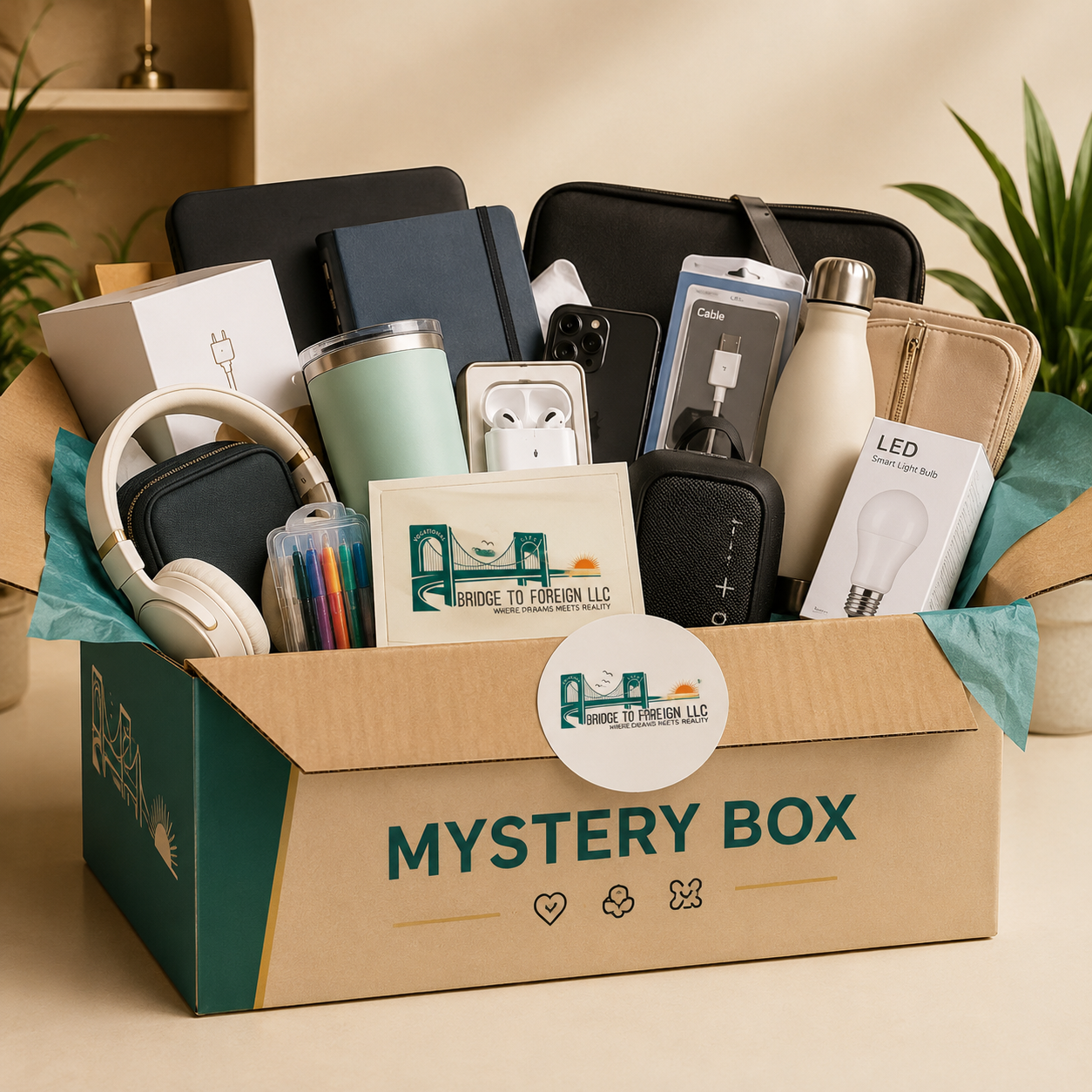 A cardboard box labeled 'Mystery Box' filled with various items like headphones, a water bottle, a phone, notebooks, a charger, earbuds, a small speaker, pens, and a LED light bulb, on a beige surface with a backdrop of plants and a lamp.