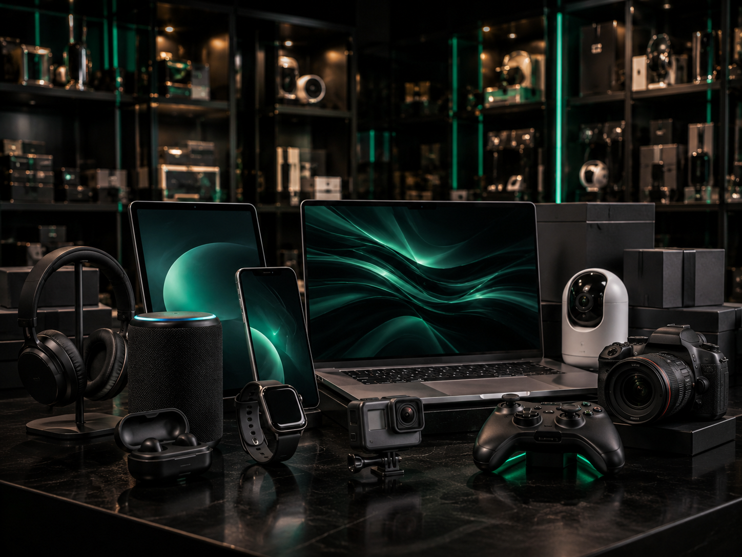 A collection of electronic gadgets on a dark table, including a laptop, smartphones, a camera, a drone, headphones, a speaker, a smartwatch, a game controller, and a virtual reality headset, with shelves of tech products in the background.