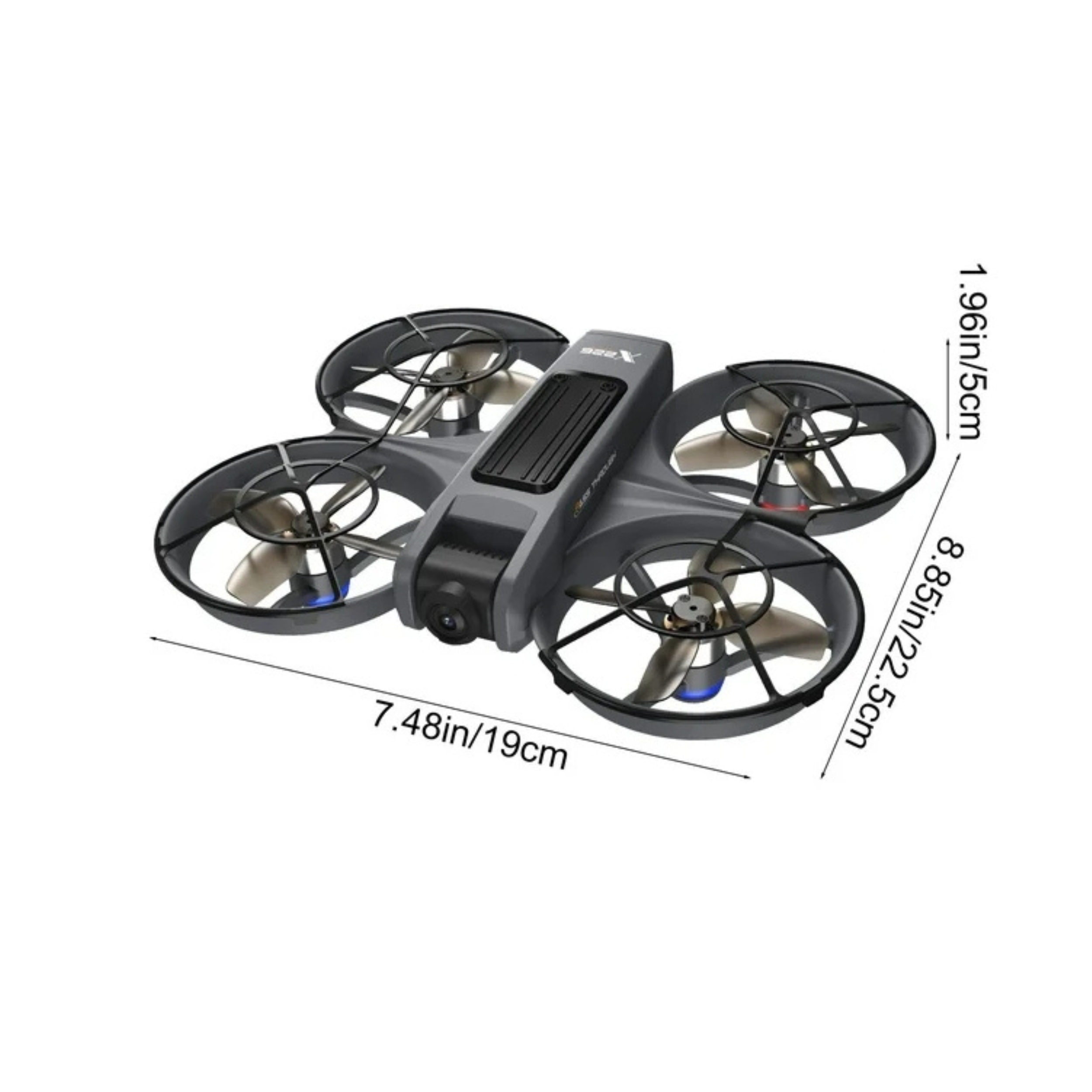 X226 VR FPV drone product dimensions showing foldable gray drone size measurements