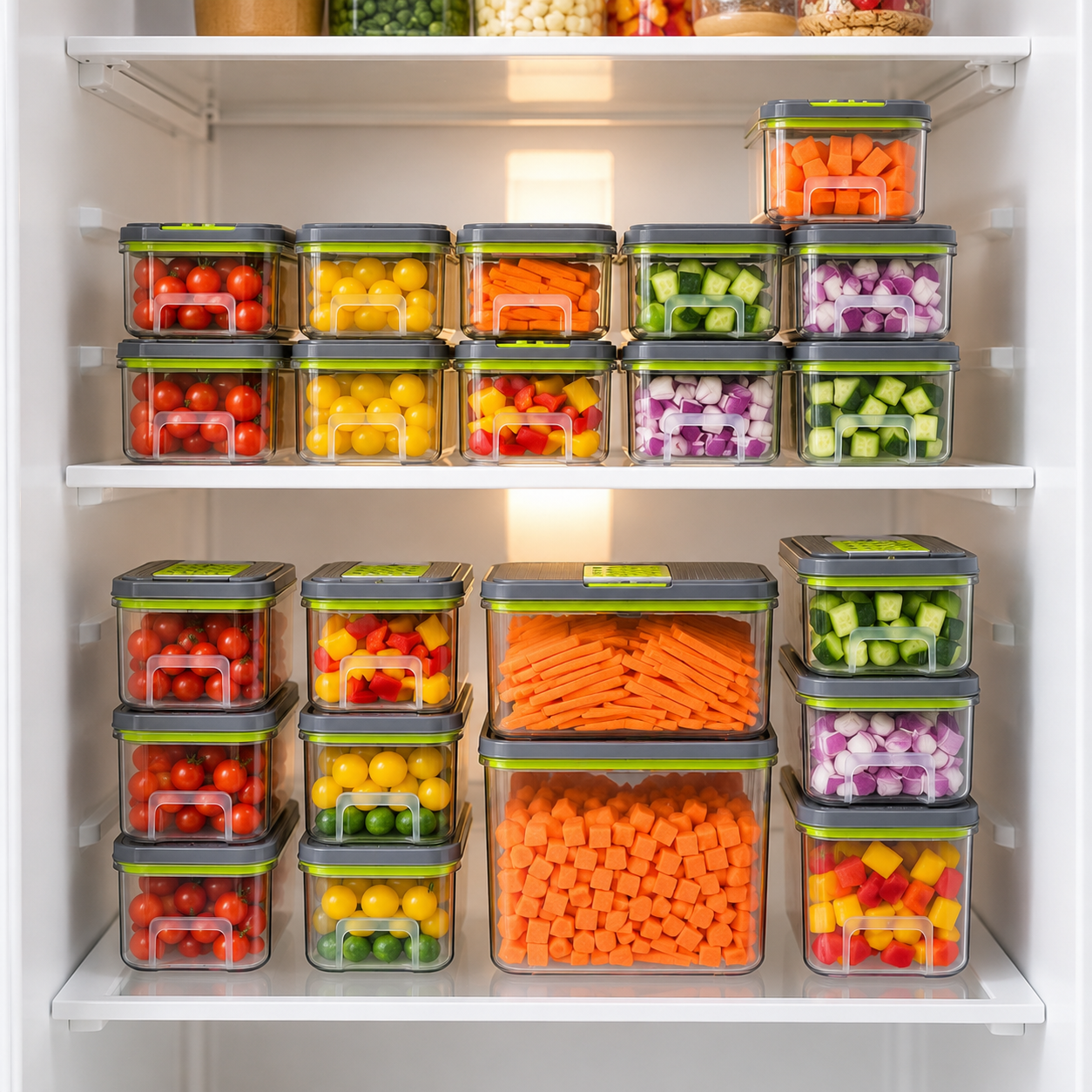 Organized refrigerator with stackable food containers holding chopped vegetables, tomatoes, carrots, cucumbers, and onions