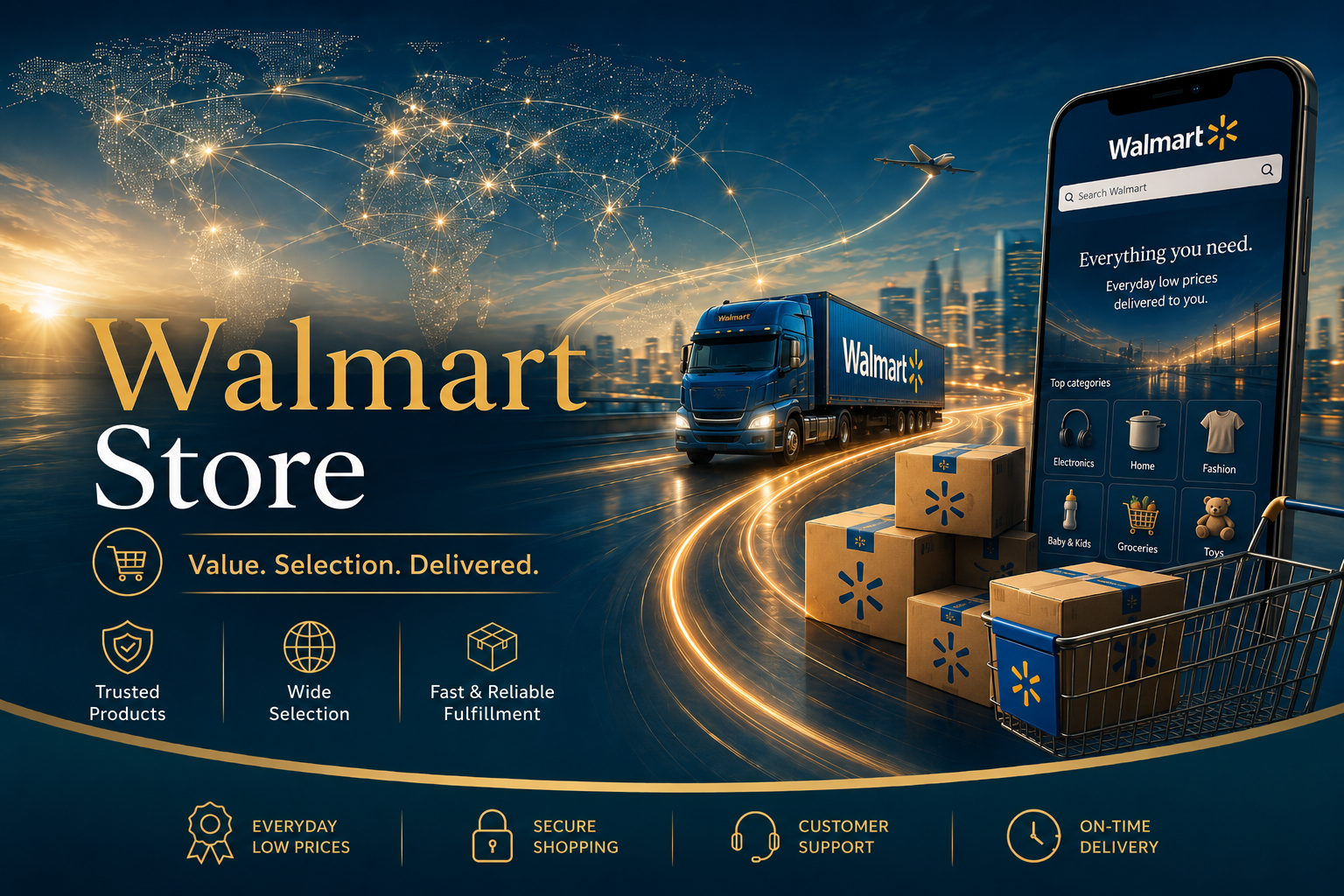 Walmart store advertisement featuring a digital rendering of a delivery truck, a shopping cart with boxes, and a smartphone with Walmart app. The background shows a city skyline and a world map with interconnected lines. Text highlights value, selection, delivery, trusted products, wide selection, fast fulfillment, low prices, secure shopping, customer support, and on-time delivery.
