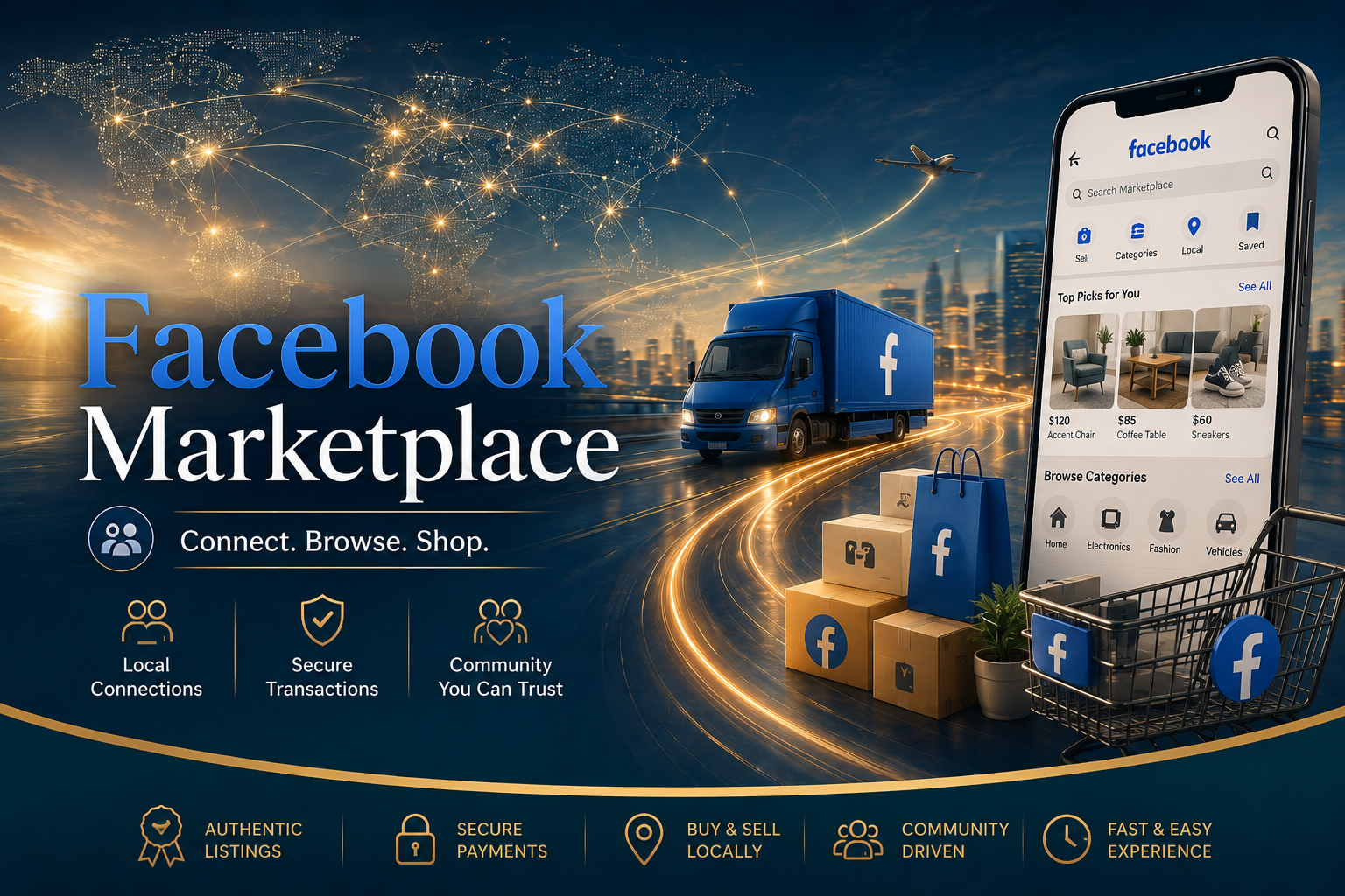 Digital graphic of Facebook marketplace featuring a city skyline, a delivery truck, a smartphone displaying the Facebook marketplace app, shopping boxes, a shopping cart, and icons representing local connections, secure transactions, and community trust, with text highlighting benefits like authentic listings and secure payments.