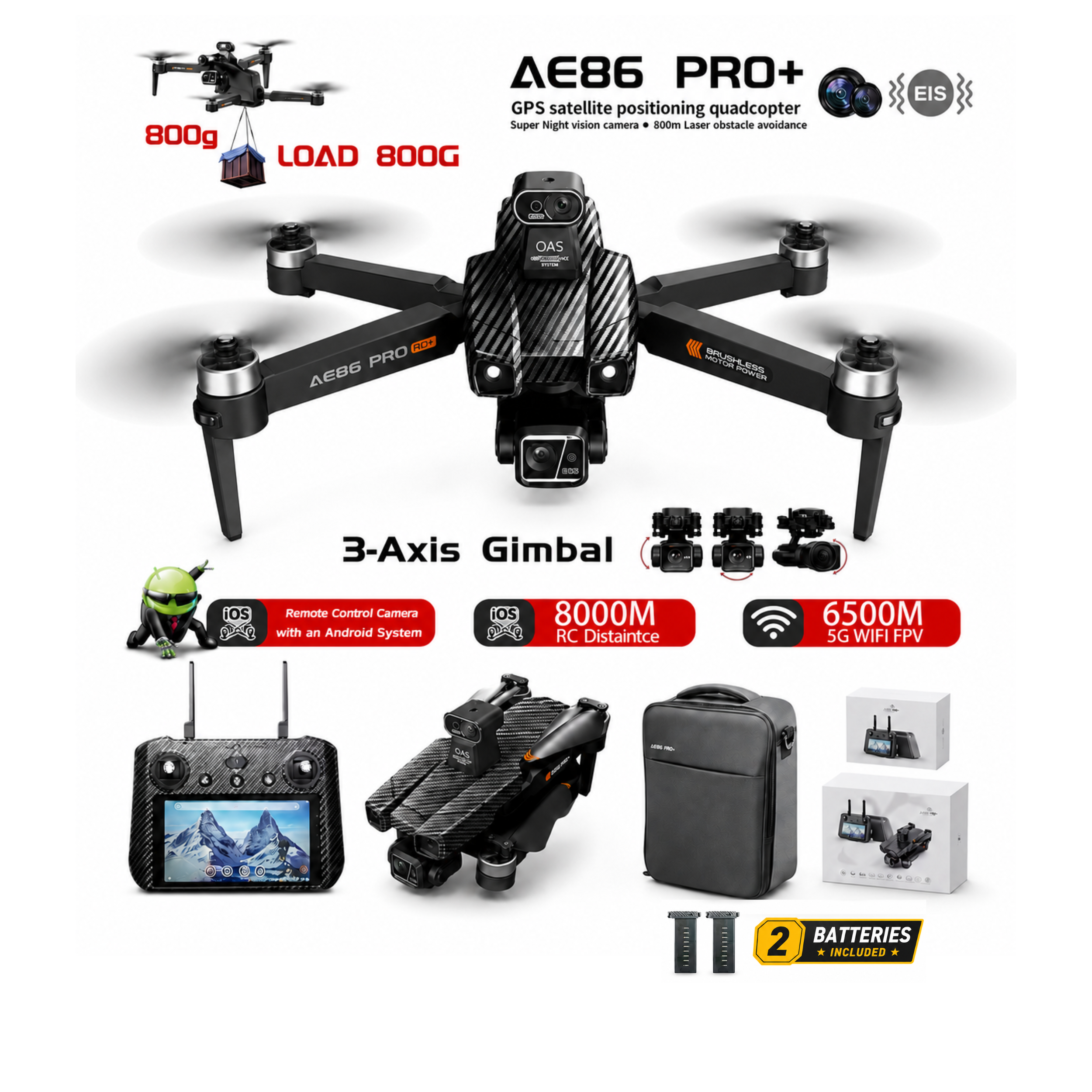 AE86 Pro Plus 4K GPS drone bundle with screen controller, carrying bag, and two batteries included