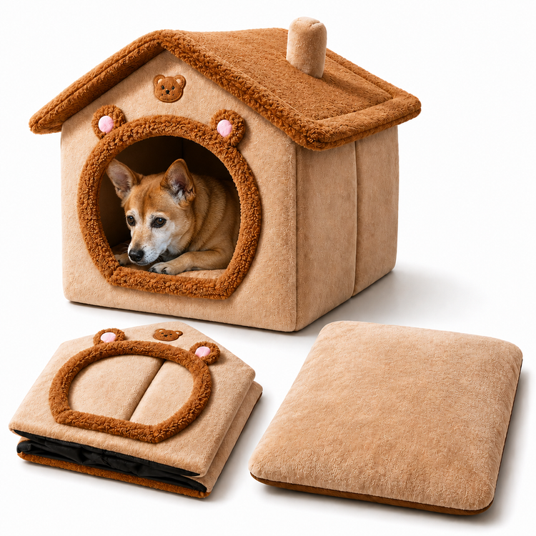 Plush Pet House Enclosed Bed for Small Dogs and Cats