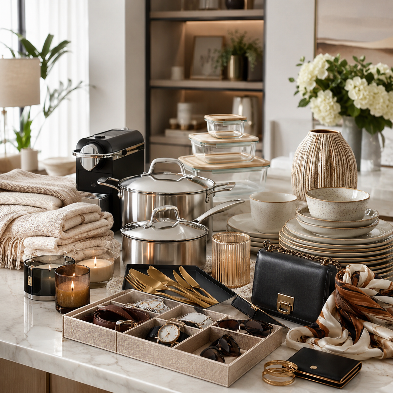 A kitchen countertop with neatly stacked dishes, pots, and pans, alongside jewelry, watches, candles, and various accessories, in a modern, well-organized setting.