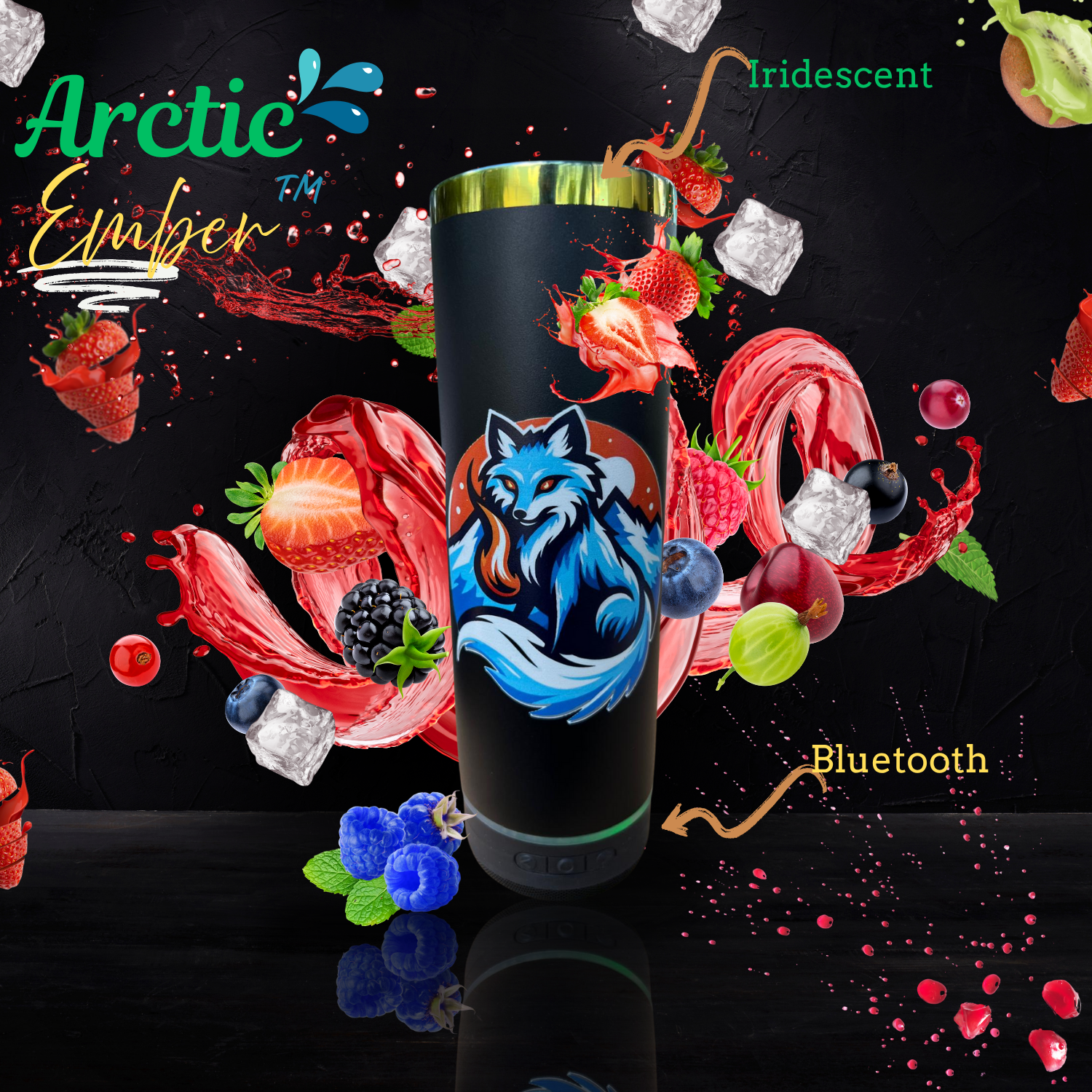 Black insulated Bluetooth speaker tumbler with straw lid, fruit splash, ice, music design, and premium cold drink presentation