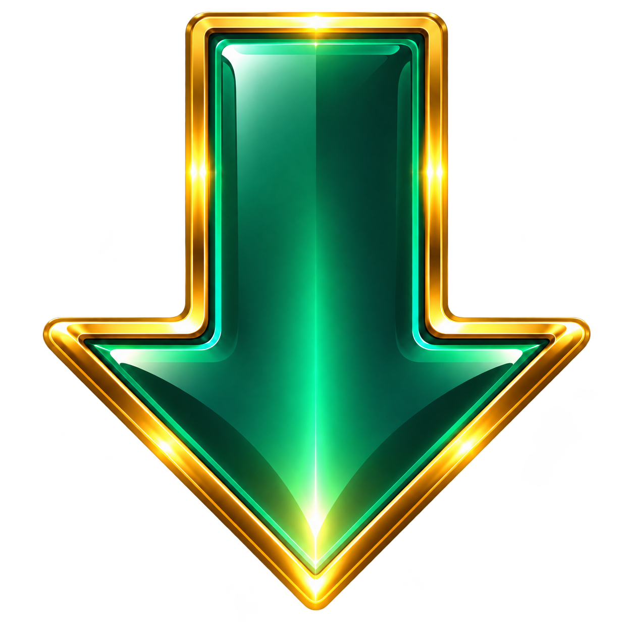 A neon-style arrow pointing downward in green with gold outlining.