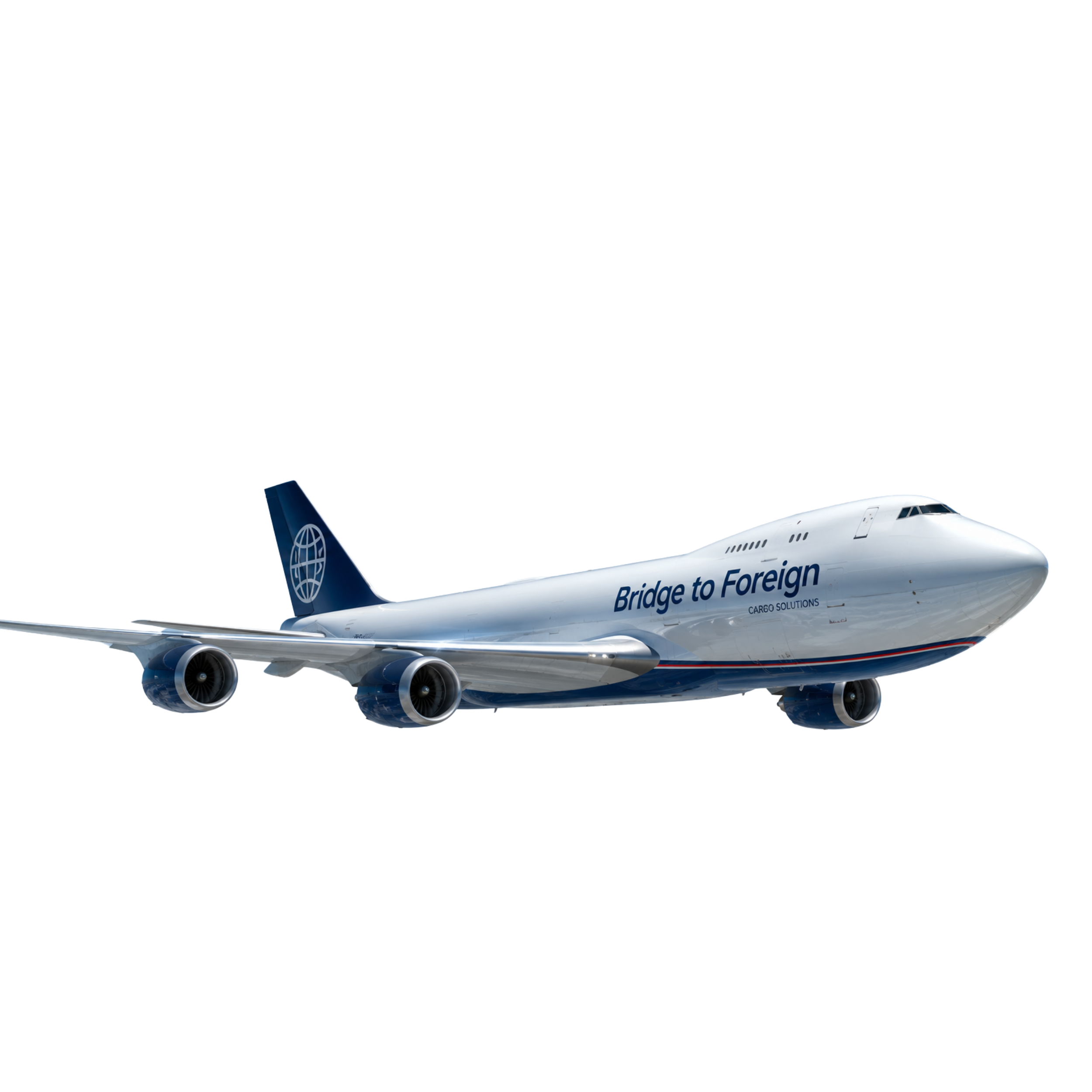 A commercial airplane with a blue tail fin featuring a globe logo, flying against a dark sky with clouds. The aircraft has the phrase 'Bridge to Foreign' written on its body.