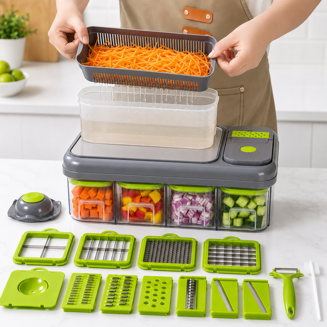 Mandoline food chopper set with drain basket holding shredded carrots over storage container