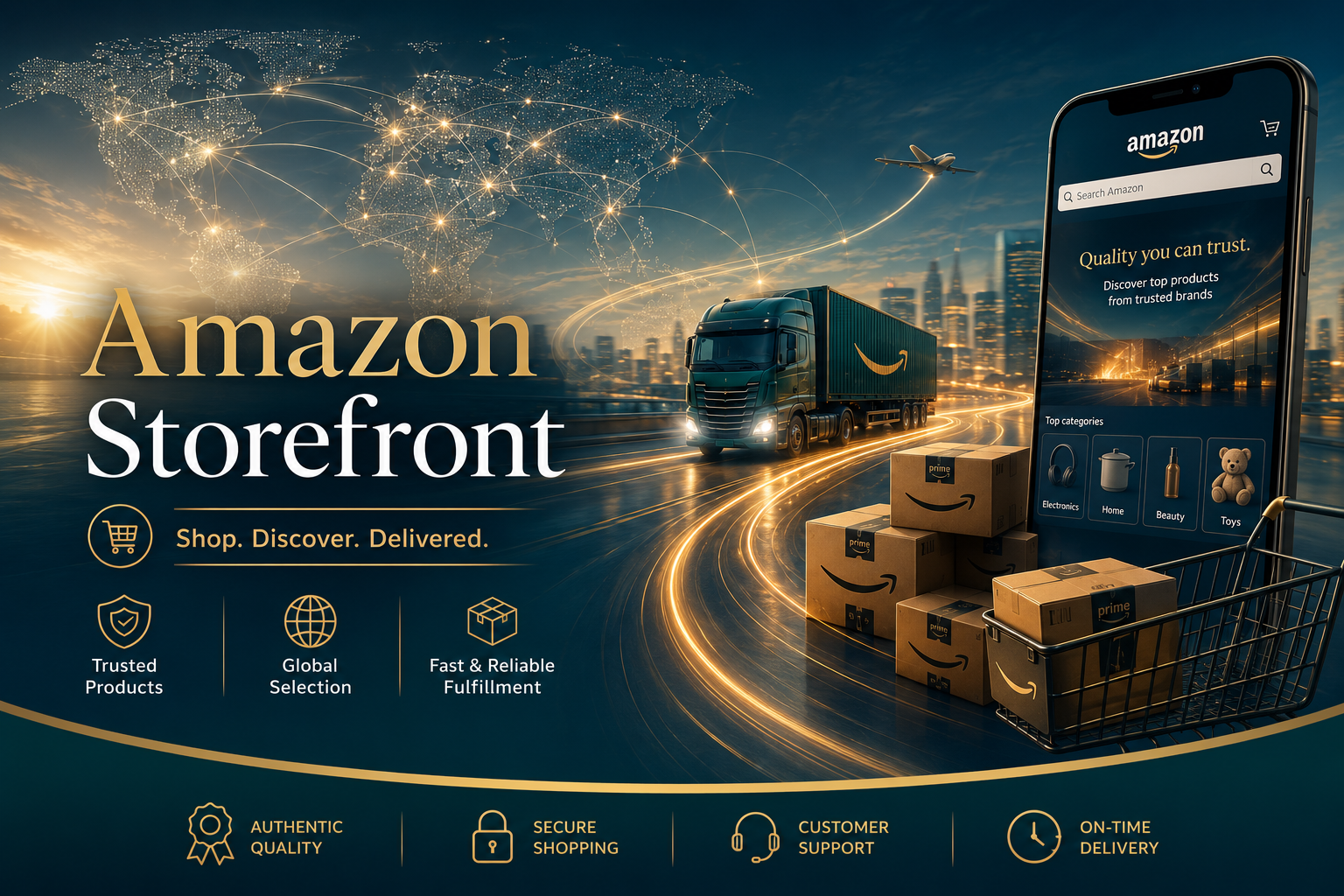 Digital illustration of Amazon's online storefront with a cityscape background, a truck delivering packages, a shopping cart filled with boxes, and a smartphone displaying Amazon's app with categories like electronics, home, beauty, and toys.