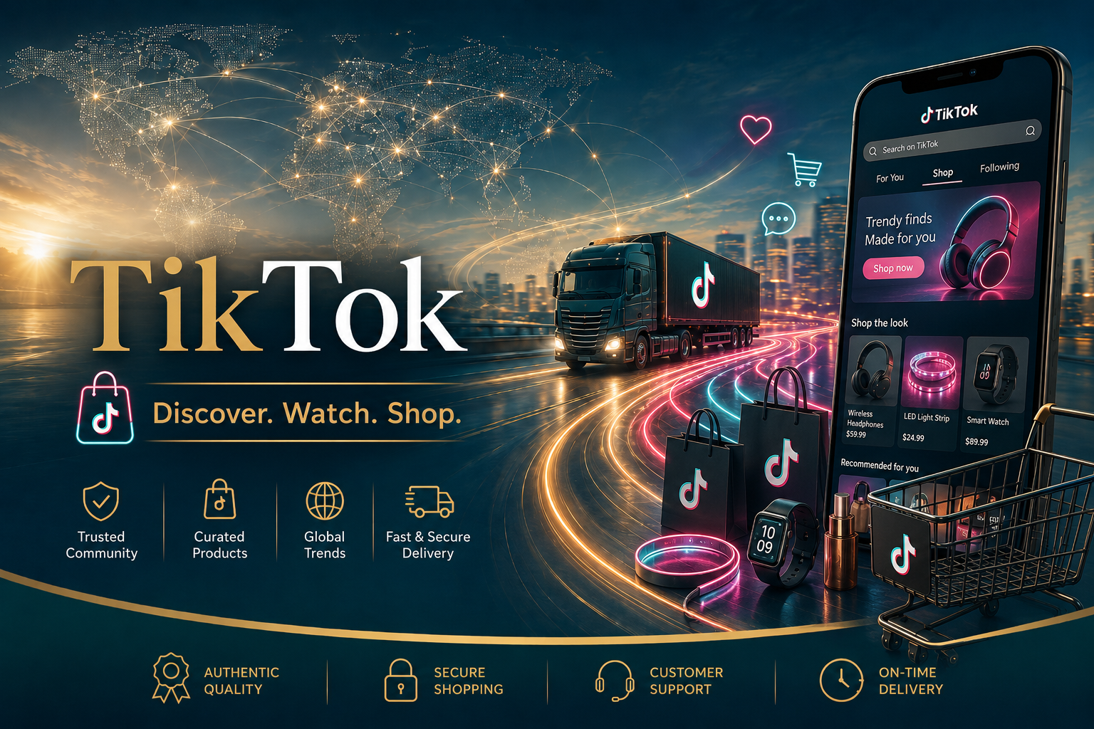 A digital illustration of TikTok branding promoting online shopping, featuring a smartphone and shopping bags with TikTok logo, a delivery truck, and icons for trusted community, curated products, global trends, and secure delivery, with a cityscape and a world map with interconnected lines in the background.