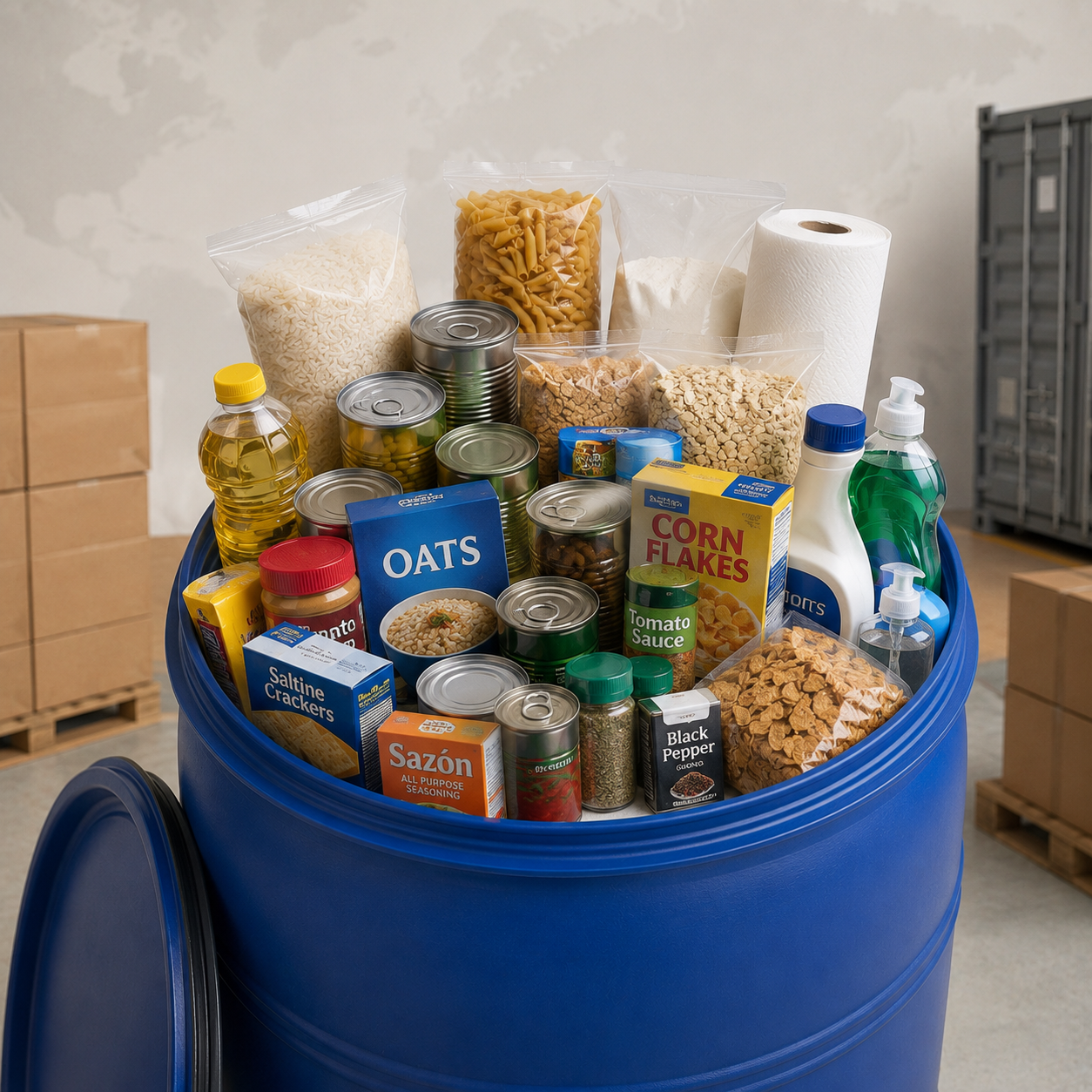 A large blue barrel filled with canned and packaged food items including oatmeal, corn flakes, tomato sauce, black pepper, and seasonings, in a warehouse or storage area with cardboard boxes in the background.