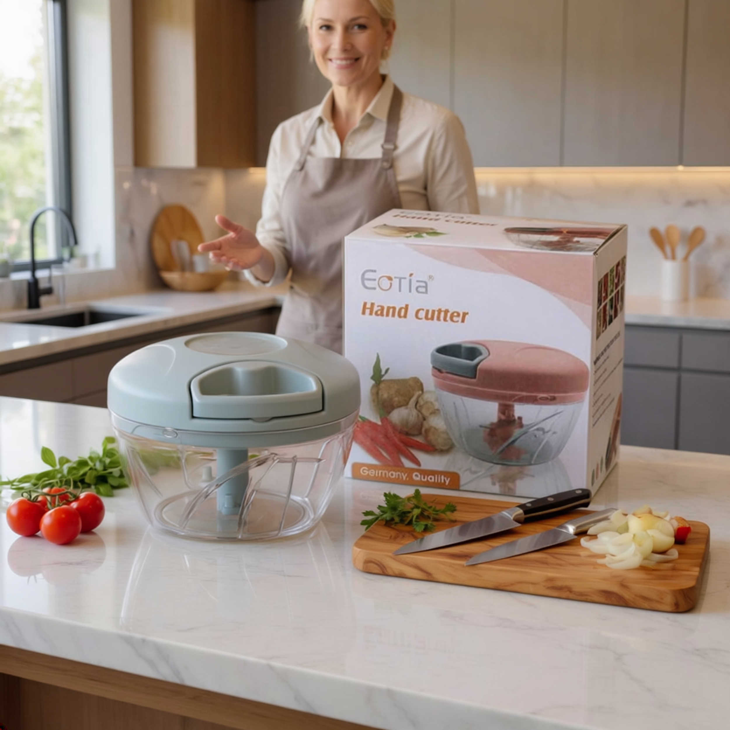 Manual food chopper with clear bowl and product box displayed on kitchen counter for everyday food prep