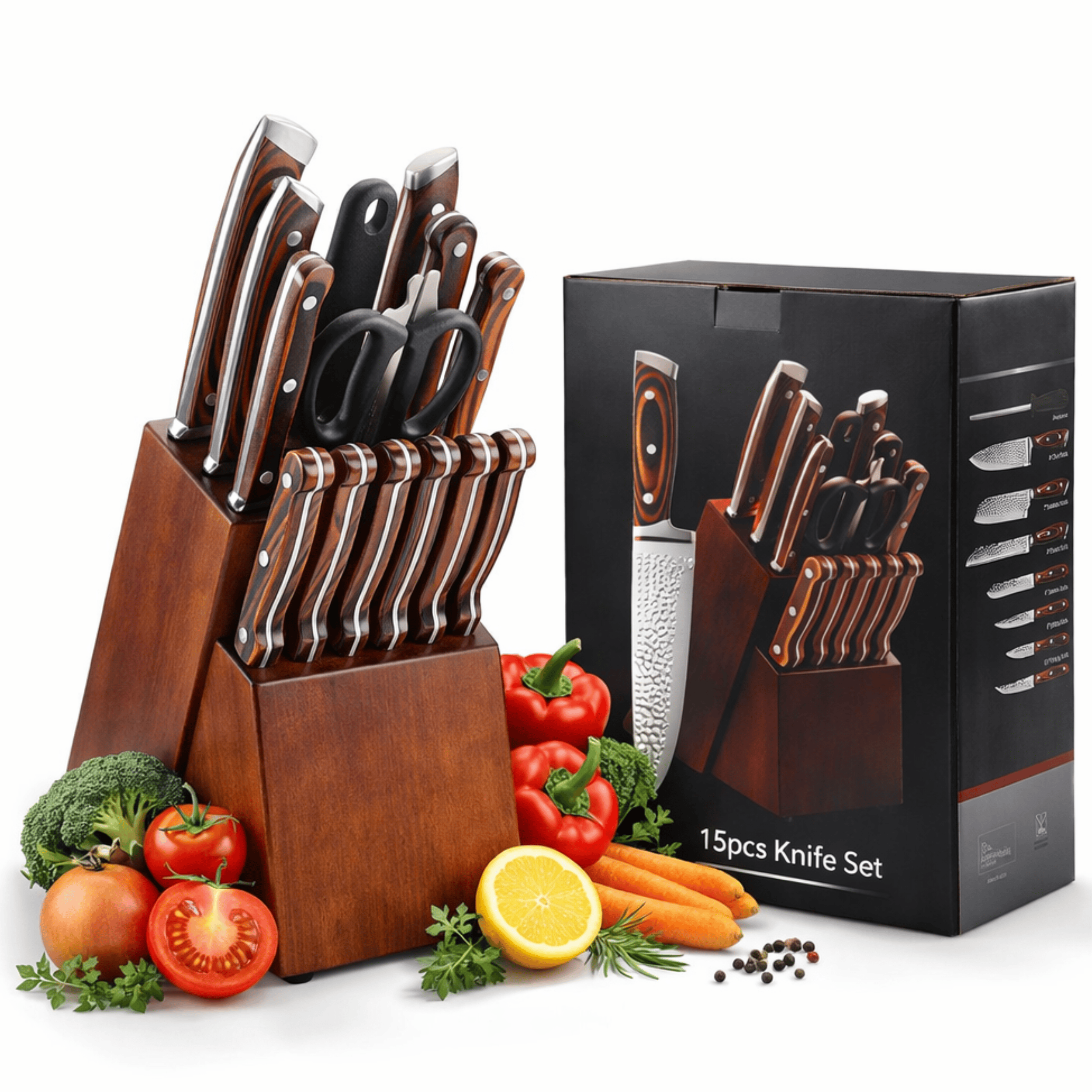 15-Piece Kitchen Knife Set with Block, Steak Knives and Kitchen Scissors