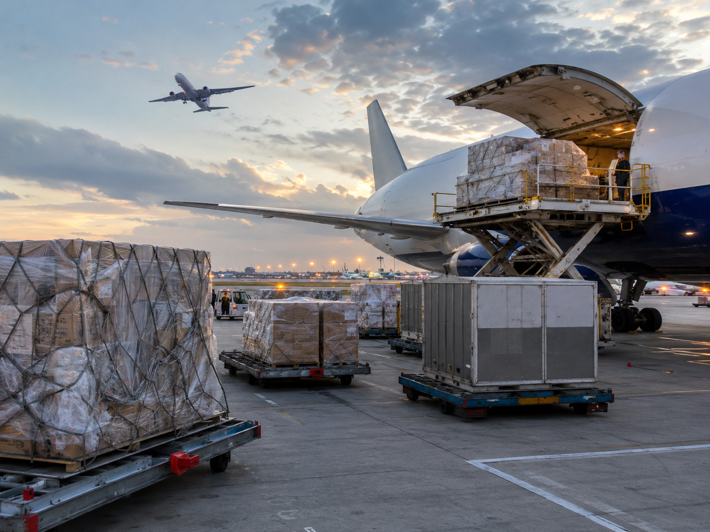 Cargo being loaded onto an airplane at an airport during sunset, with a commercial airplane flying overhead.