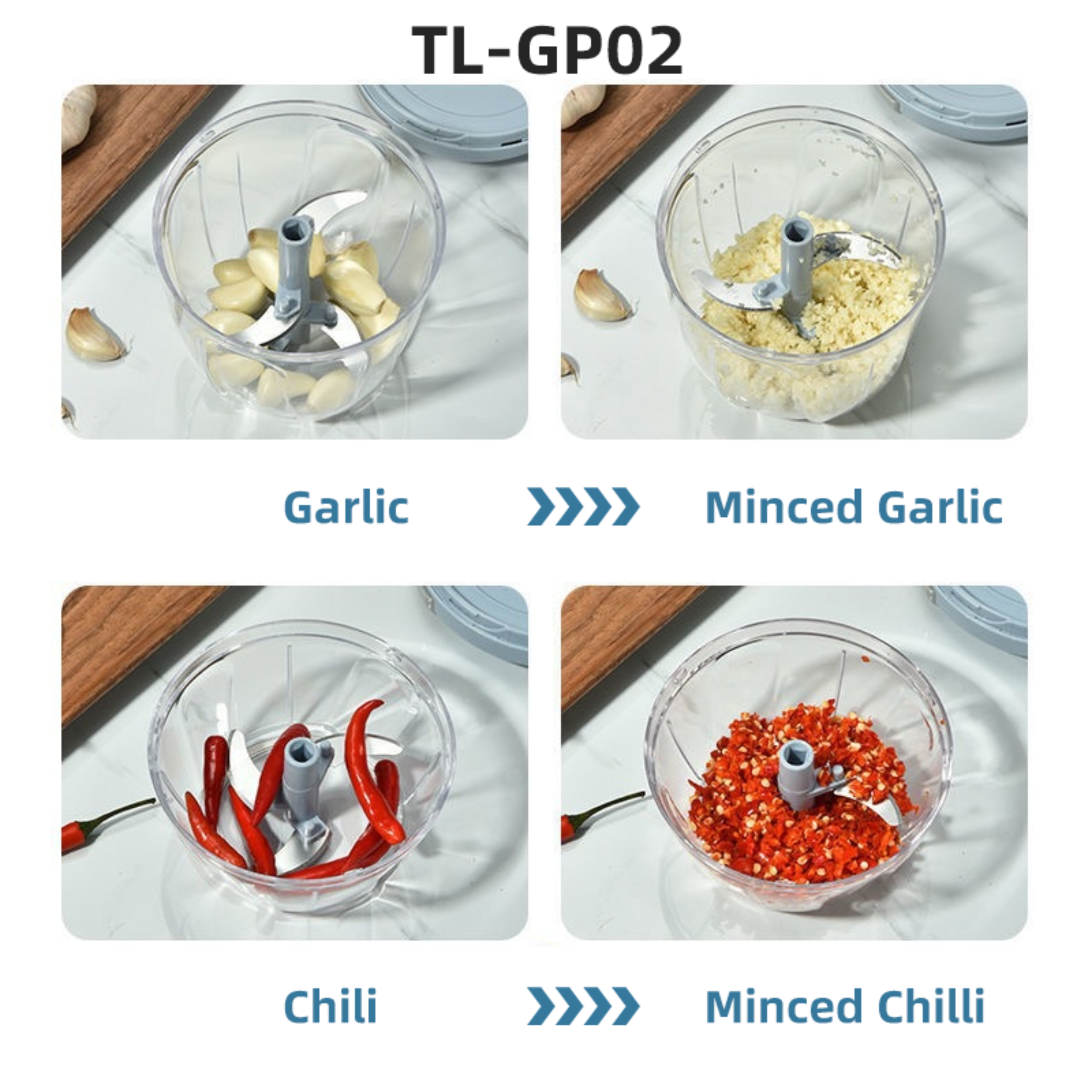 Manual pull string food chopper showing garlic, shallots, chili, and meat before and after chopping