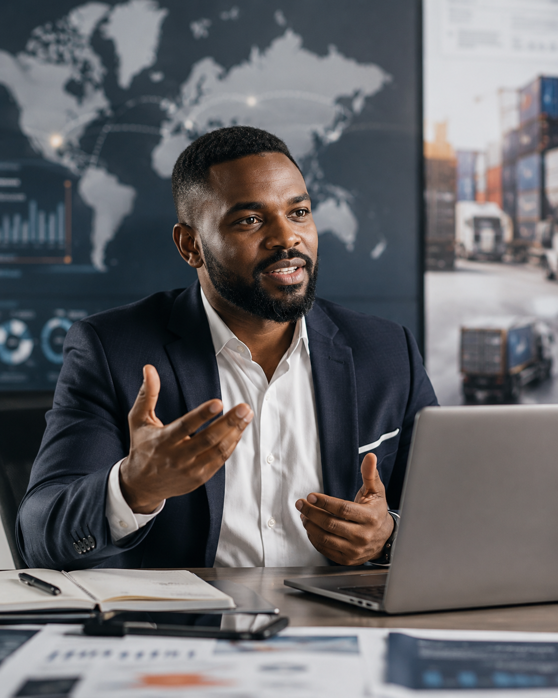 A man in a business suit sitting at a desk with a laptop, gesturing with his hands while talking, in a meeting room with world maps and graphs in the background.