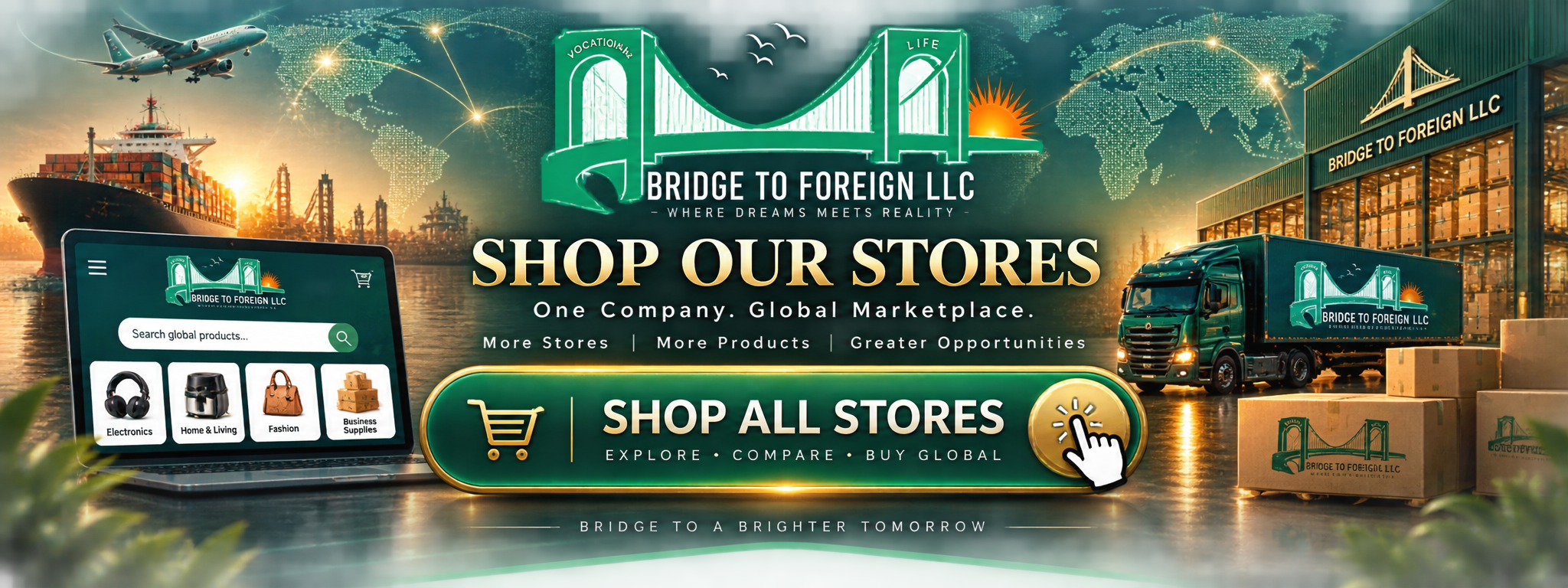 Digital graphic promoting Bridge to Foreign LLC with shipping containers, an airplane, a cargo ship, a truck, and boxes near a warehouse, featuring a mobile shopping interface with categories like electronics, home, fashion, and business supplies, emphasizing global marketplace and online shopping.