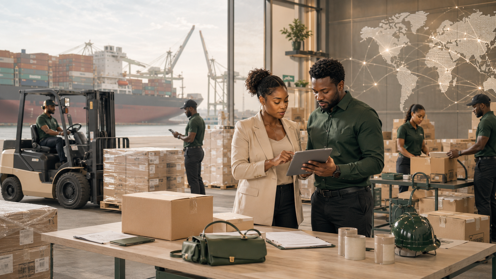 Two business professionals reviewing information on a tablet in a busy warehouse with workers handling boxes and equipment, a forklift, large stacks of boxes, and a world map on the wall in the background.