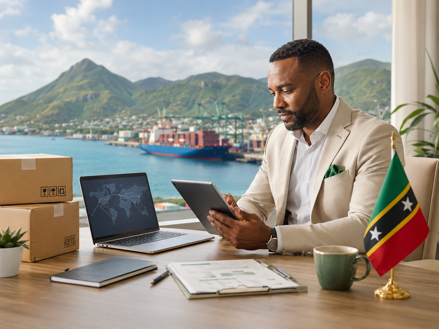 A man in a beige suit works at a desk with a laptop, tablet, and documents, with a view of a harbor, mountains, shipping containers, and a cargo ship outside the window. There is a flag of Vanuatu on the desk.