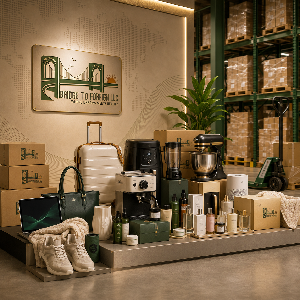 Display of various products including skincare items, shoes, a handbag, kitchen appliances, a tablet, a suitcase, and a box, with a backdrop of a warehouse and a sign reading 'Bridge to Foreign LLC.'