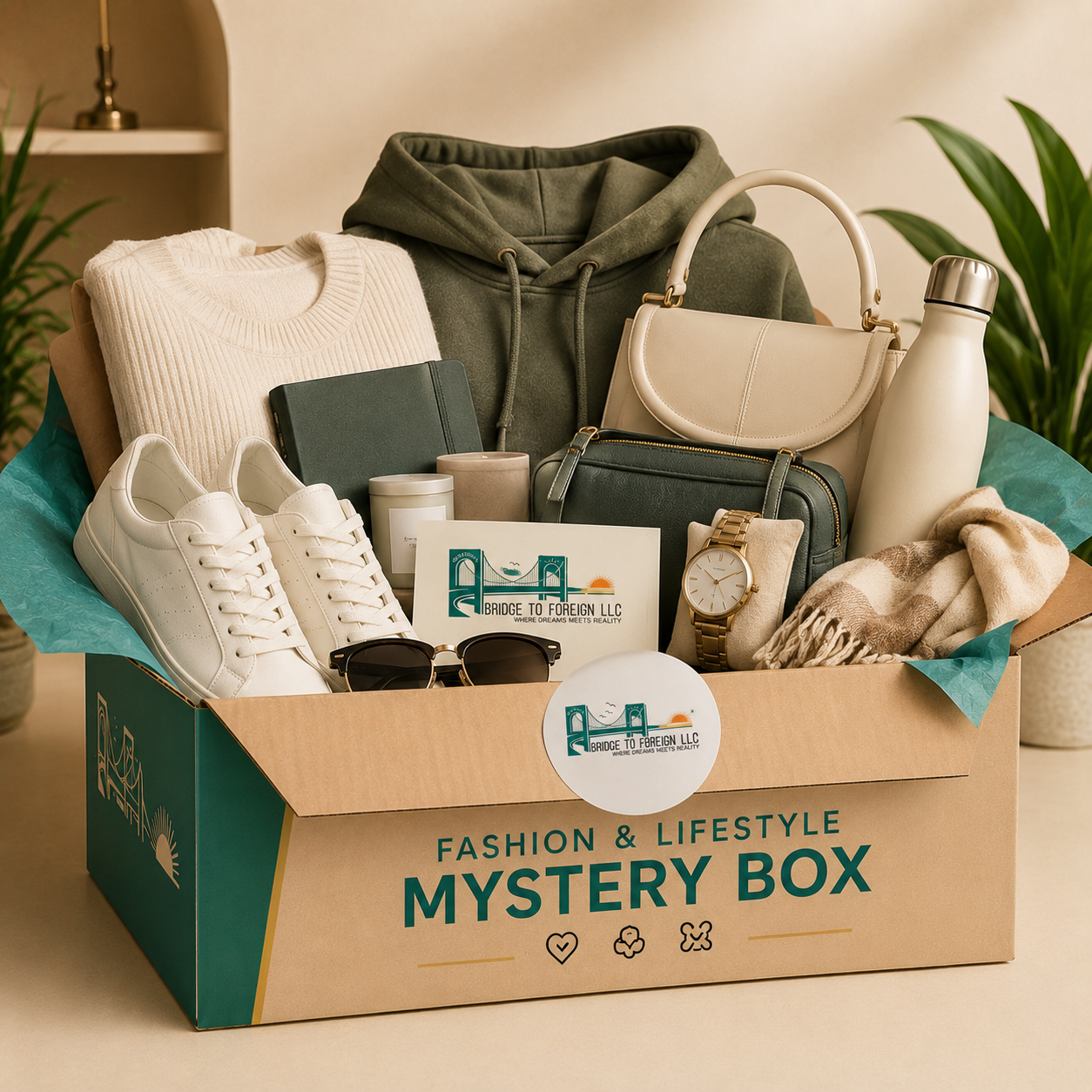 A box labeled 'Fashion & Lifestyle Mystery Box' filled with clothing, accessories, and personal items, including a hoodie, sweater, shoes, handbag, watch, sunglasses, a water bottle, candles, and a notebook, with a plant in the background.