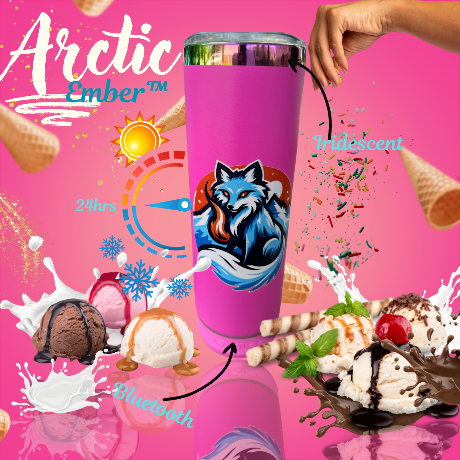 Pink insulated Bluetooth speaker tumbler with straw lid, dessert theme, fruit, ice cream, and cold drink lifestyle design