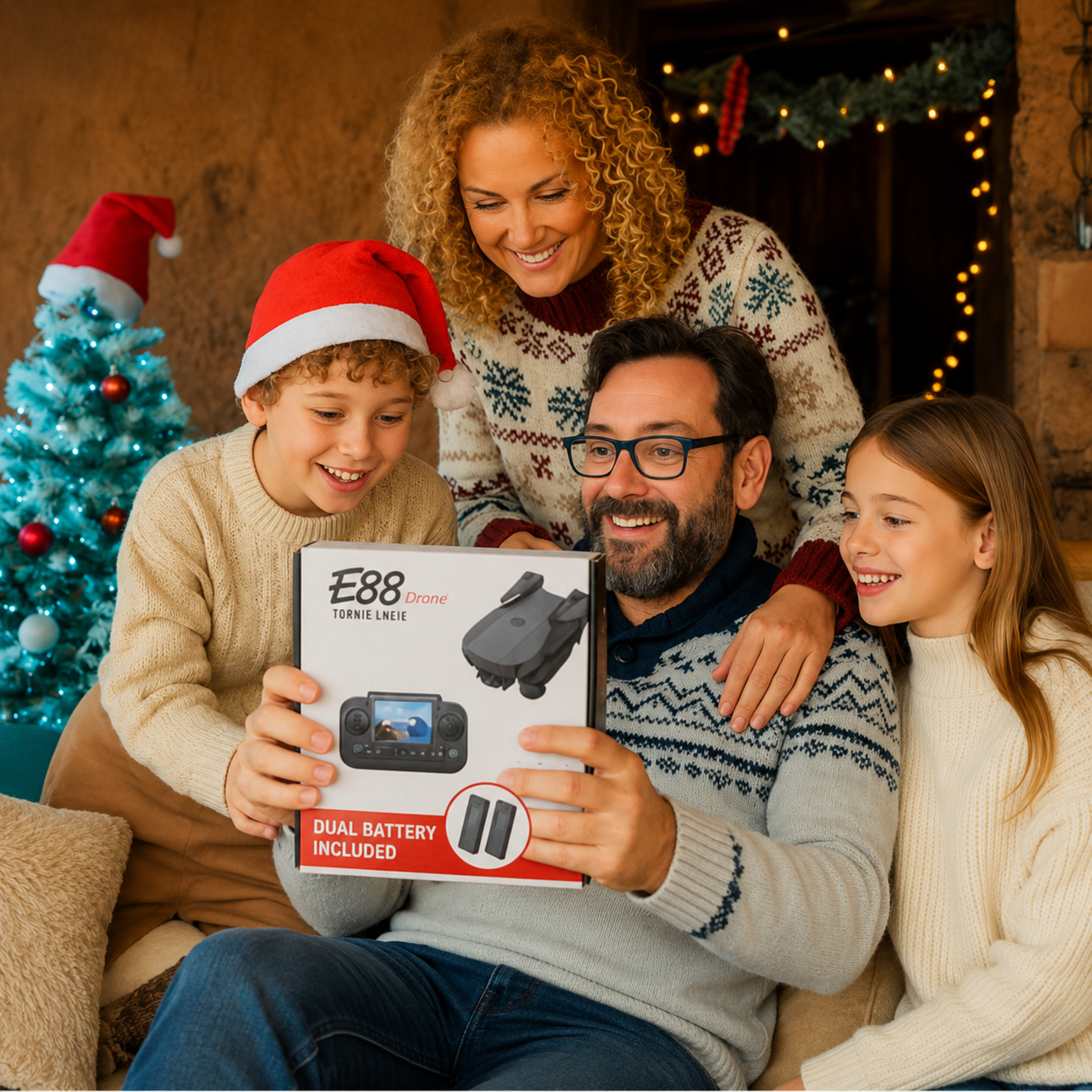 Family opening E88 Pro drone gift box with dual battery included during holiday celebration