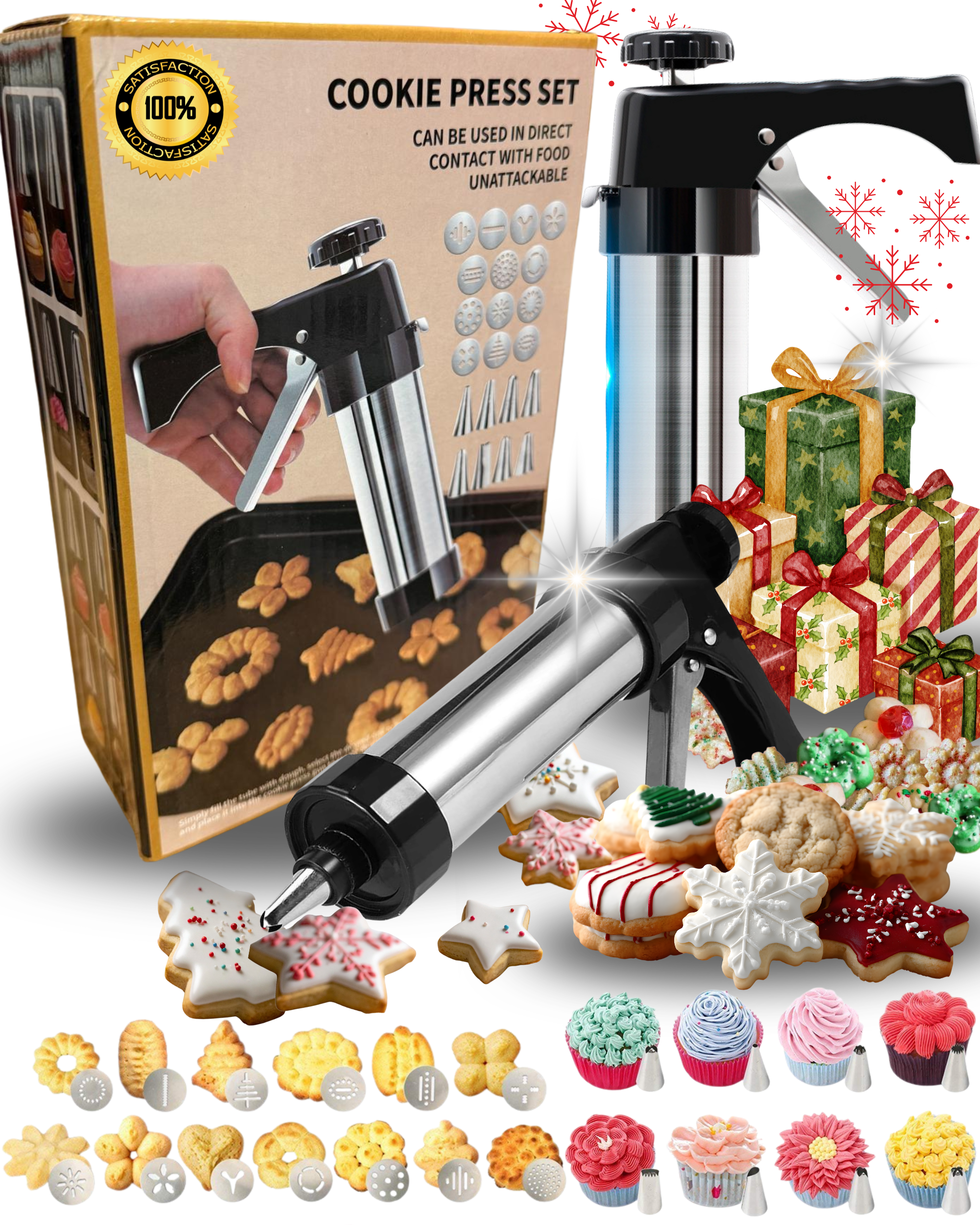 Stainless Steel Cookie Press Gun Kit with 13 Cookie Discs and 8 Piping Tips