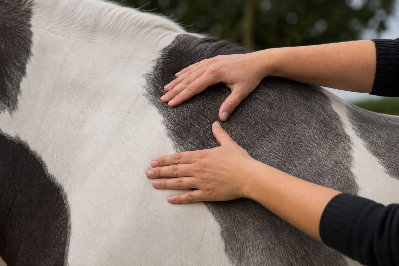 Deux mains humaines caressant le dos d'un cheval tacheté noir et blanc.