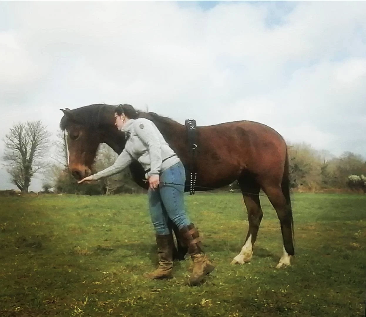 Une femme en jean, veste grise et bottes de cowboy caresse un cheval brun dans un champ vert sous un ciel nuageux.