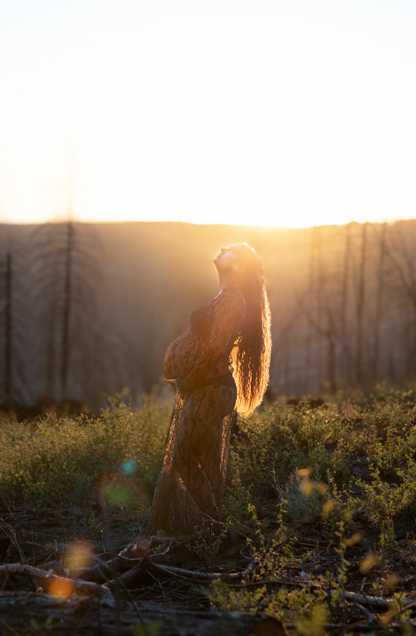 A pregnant woman standing outdoors at sunset, surrounded by low vegetation, with trees and mountains in the background.