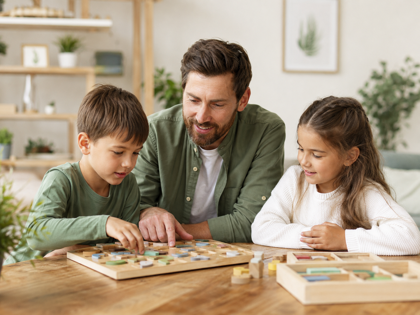 A man playing a board game with a boy and girl at a wooden table in a cozy living room with shelves and plants.
