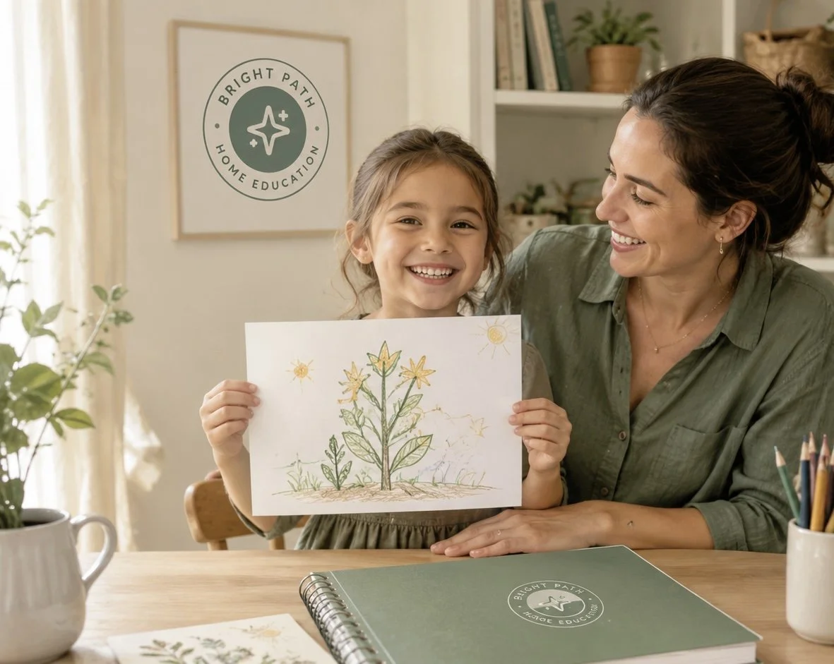 A smiling young girl showing her drawing of a flower with a woman, possibly her mother, looking at her happily in a cozy room with organized shelves and a framed art on the wall.