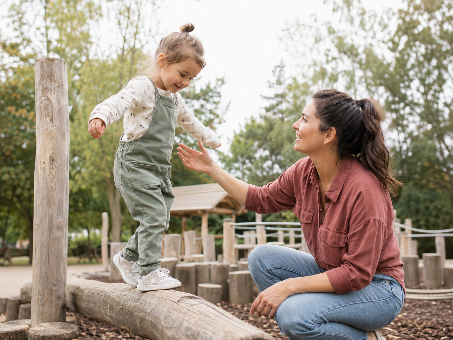 A woman helping a young girl balance on a wooden log at a playground, surrounded by trees.
