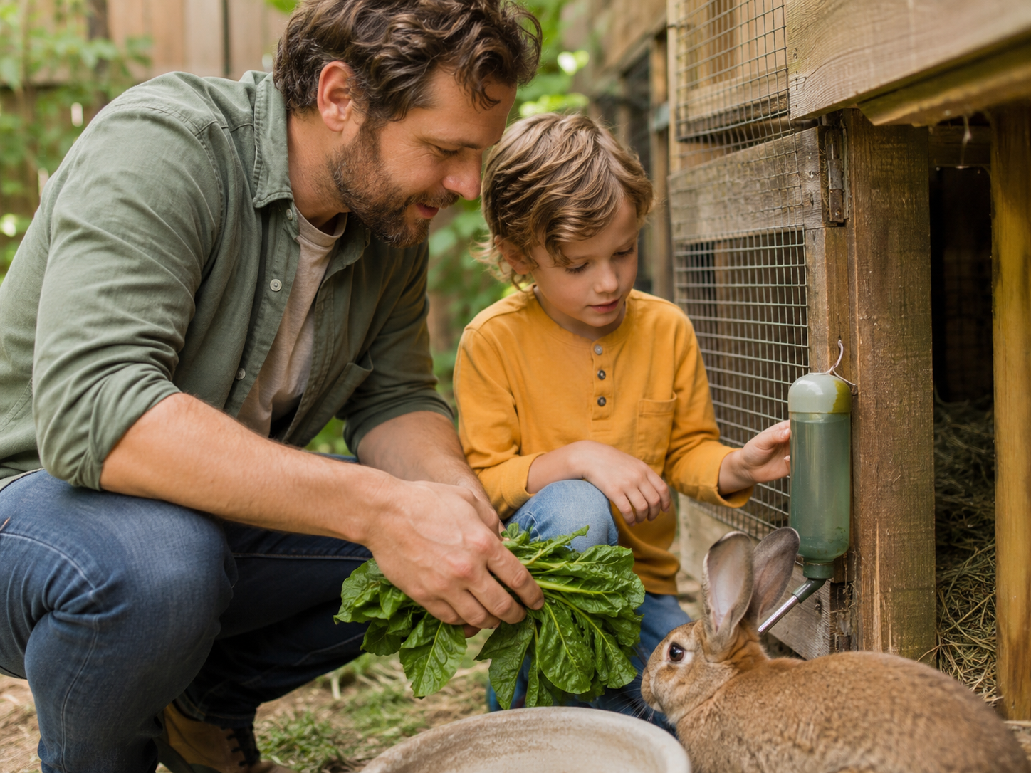 A man and a boy feeding a rabbit near a wooden rabbit hutch outside, with a water bottle attached to the hutch.