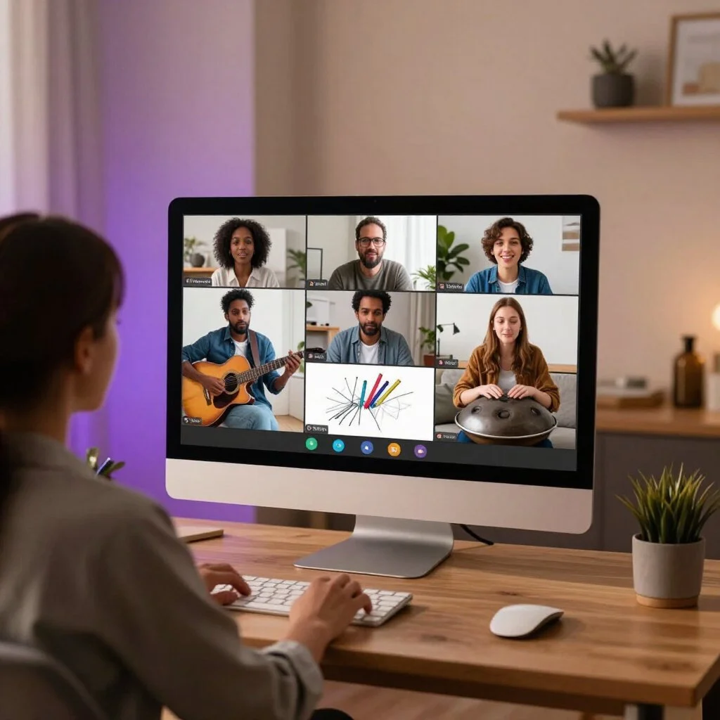 Person participating in a virtual meeting with six diverse colleagues on computer screen, some with musical instruments, in a cozy home office setting.