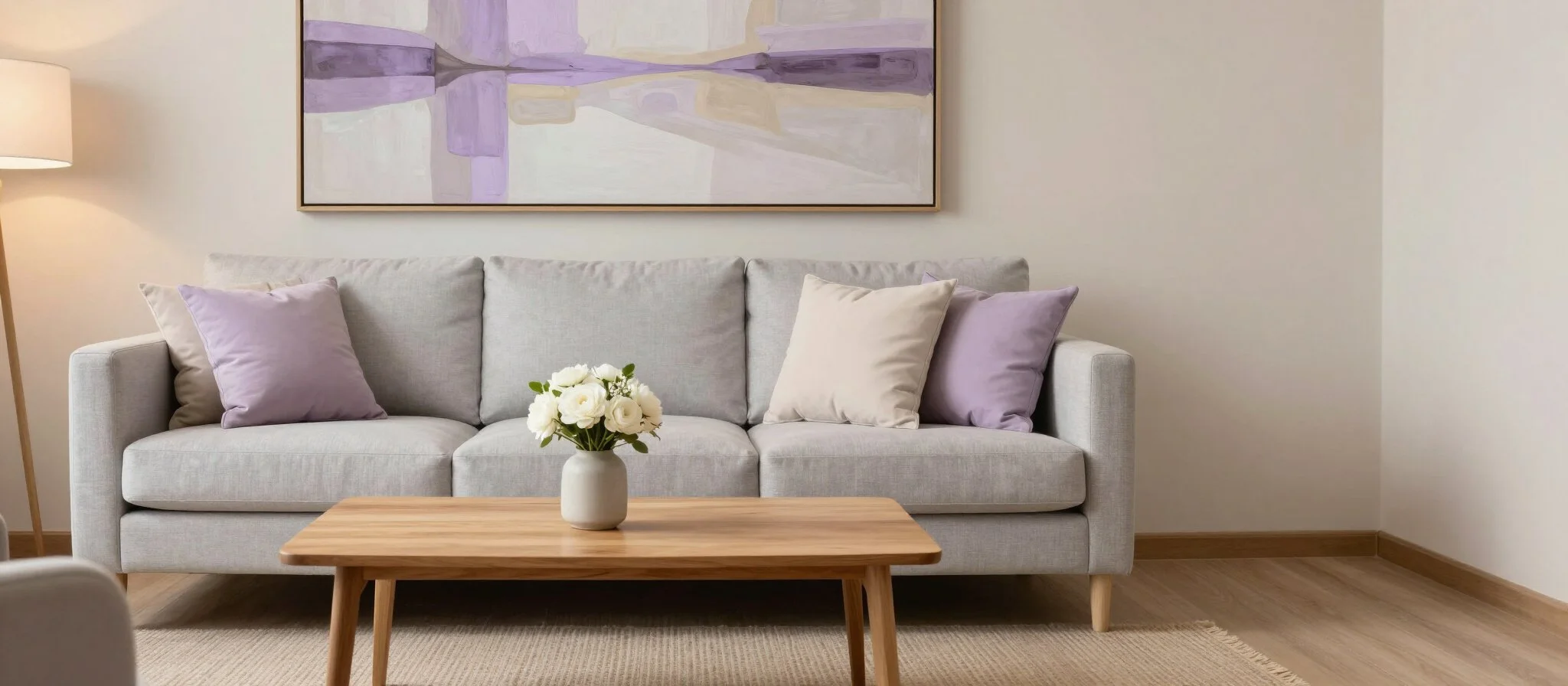 A living room with a light gray sofa decorated with light purple and beige pillows. A wooden coffee table with a white vase filled with white flowers is in front of the sofa. A large abstract painting with shades of purple, lavender, and cream hangs above the sofa. A floor lamp with a white shade is on the left side of the image.