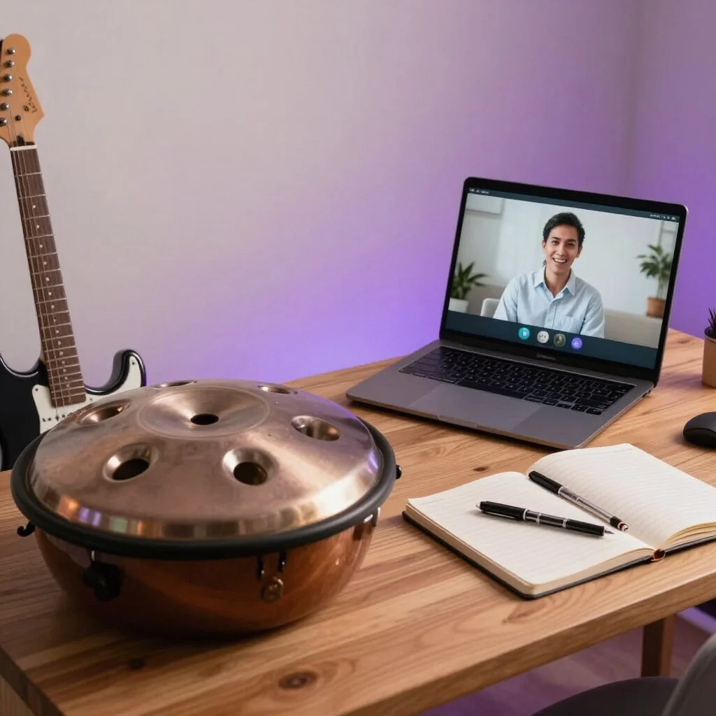 A virtual meeting with a smiling man on a laptop screen, a handpan drum, an electric guitar, an open notebook with pens, a computer mouse, and a potted plant on a wooden desk against a plain wall with purple accent lighting.