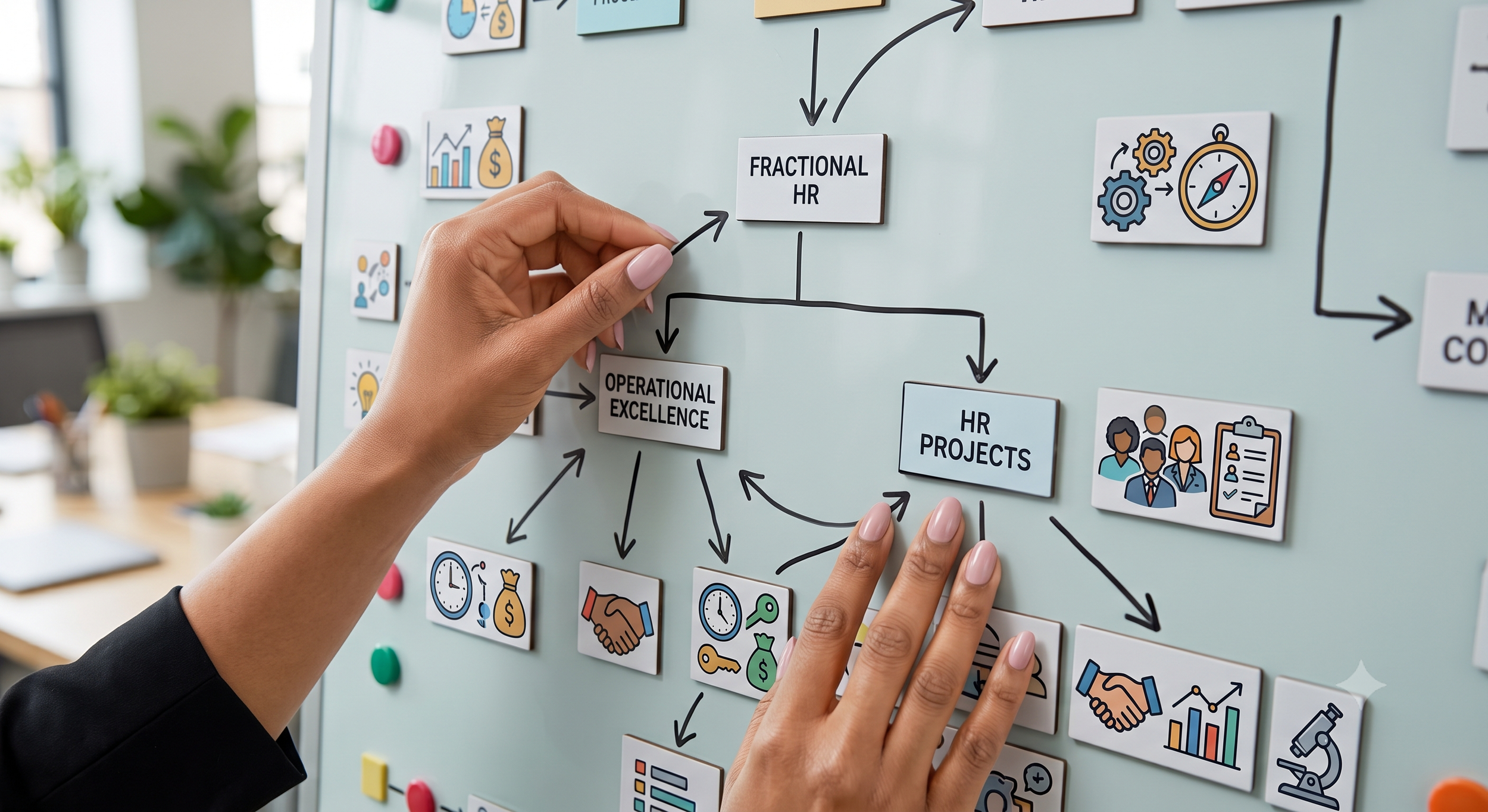 Person placing sticky notes on a whiteboard with diagrams and icons related to HR and operational excellence.