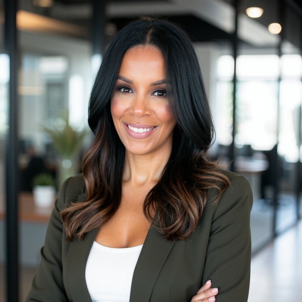 A professional woman with long dark hair smiling in an office setting.